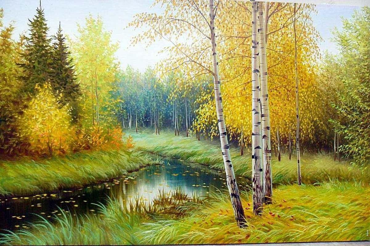 Forest: Quiet Place Painting Forest Tree Lake Kornik Wallpaper
