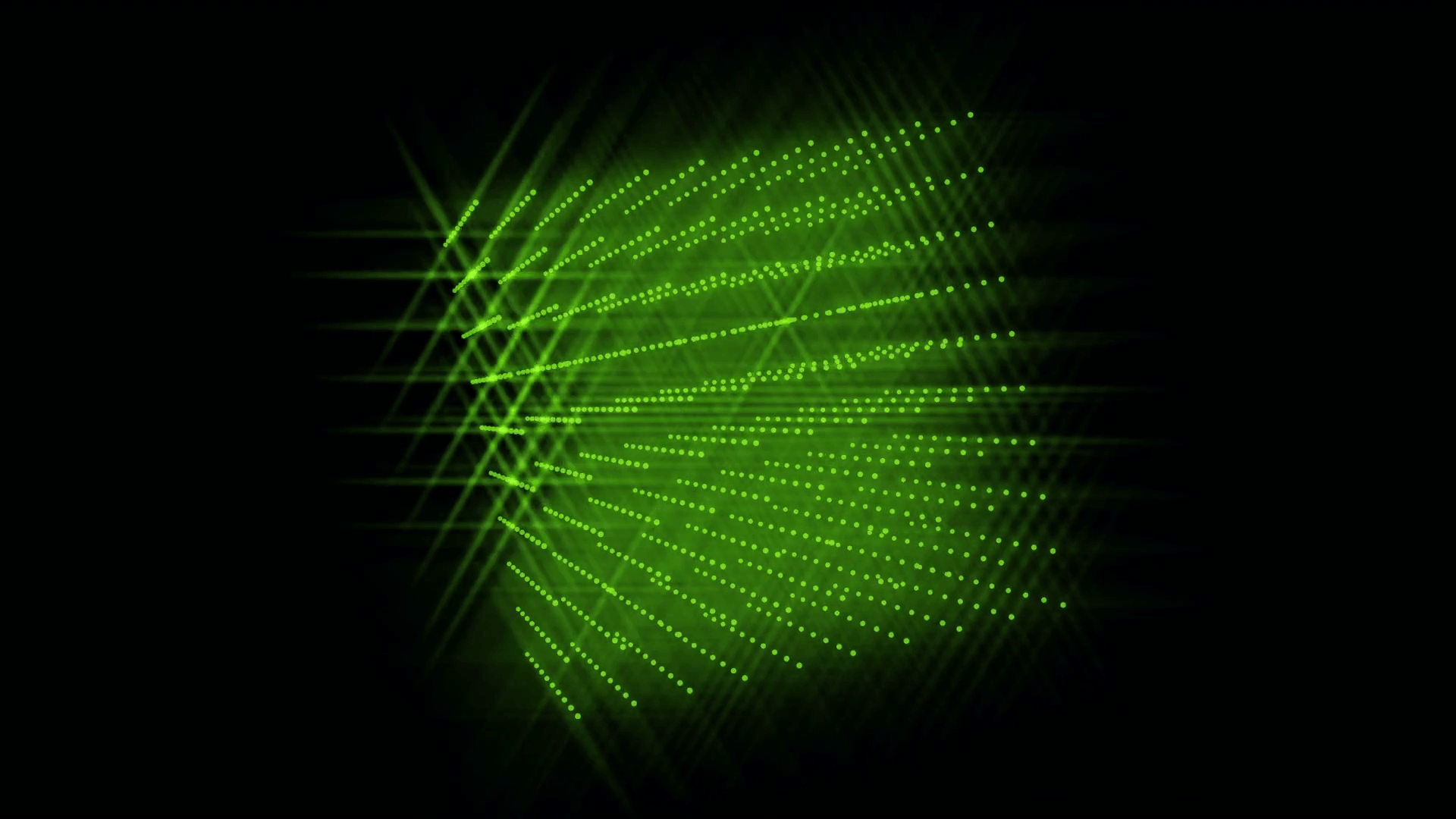 3D cube of green glowing particles rotating on a diagonal on a