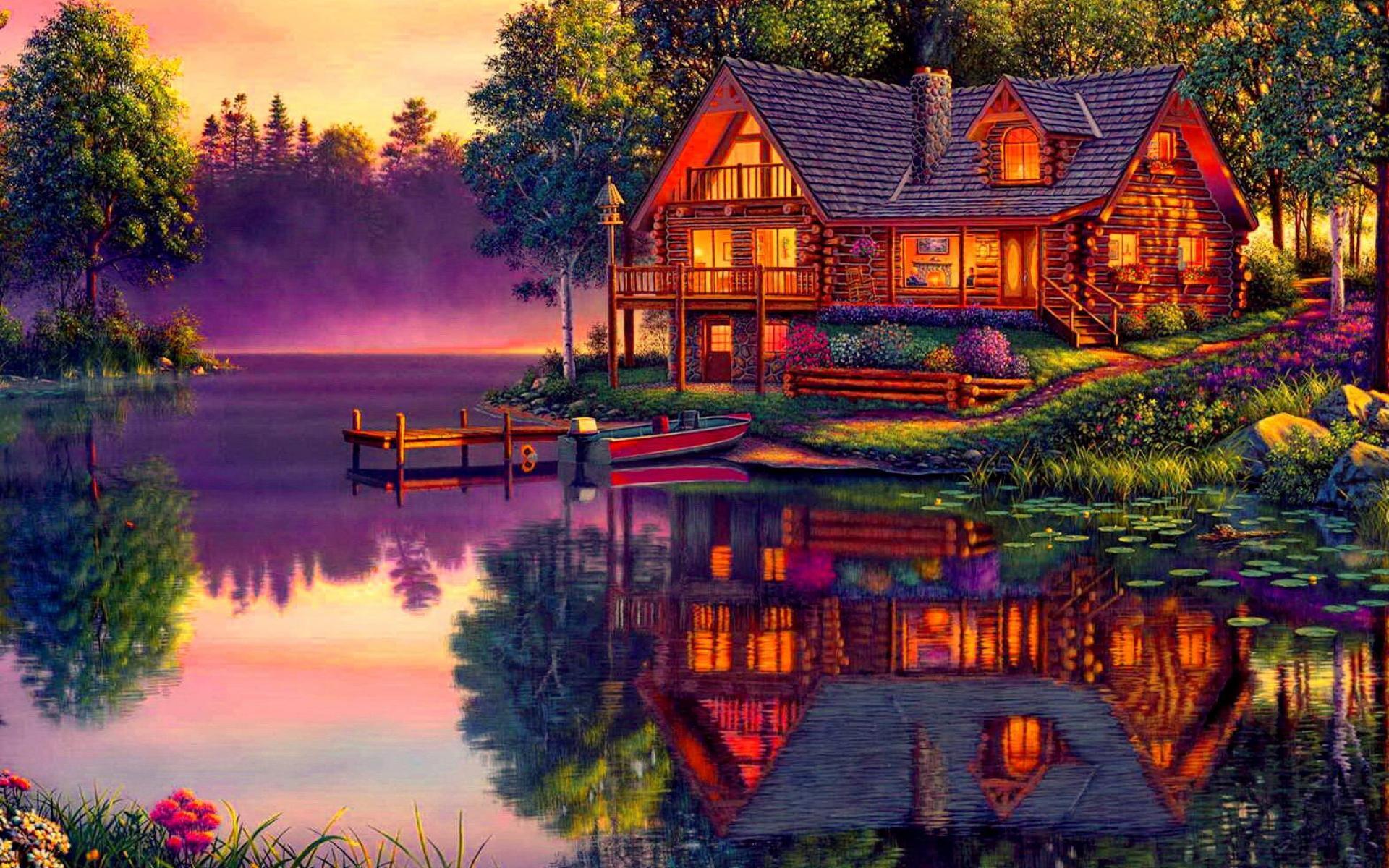 Log Cabin on the Lake Full HD Wallpaper and Backgroundx1200