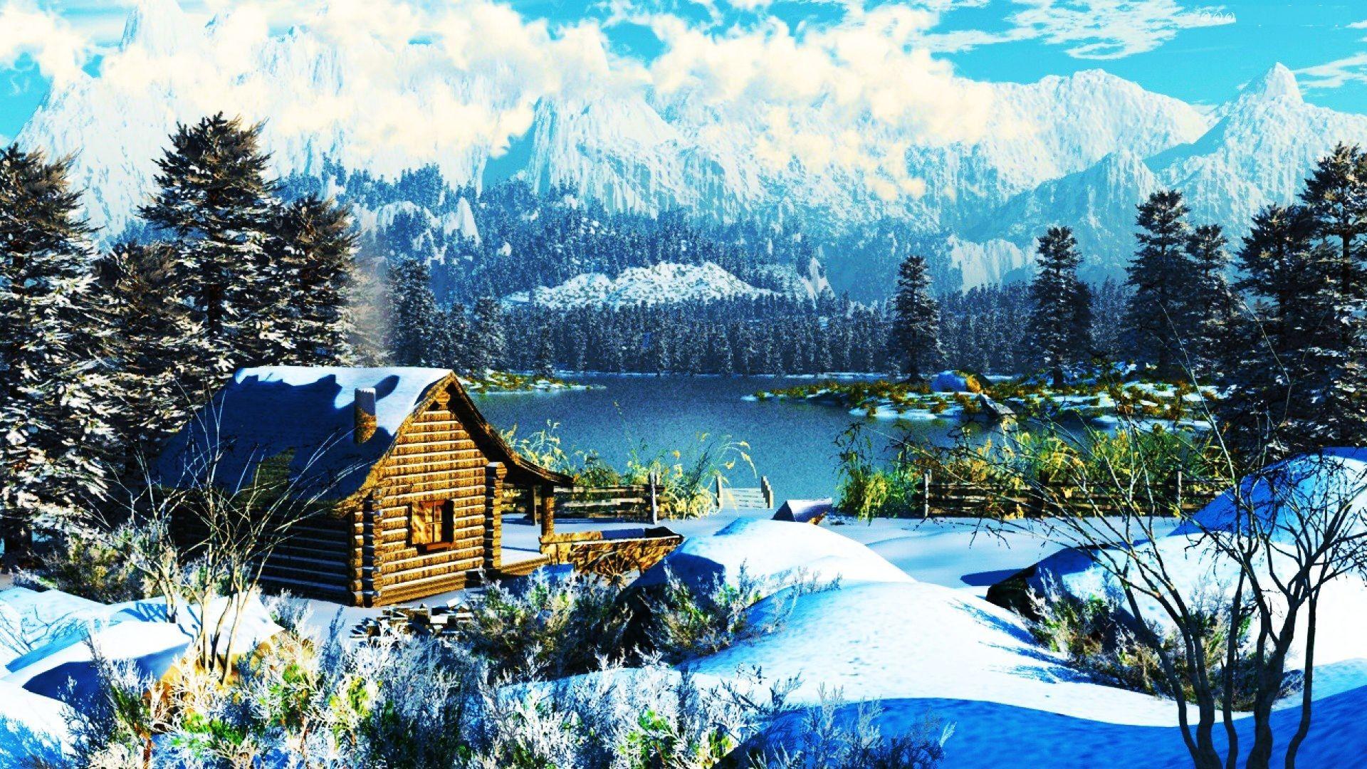 Houses: Log Cabin Winterscape Winter Lake Mountains Trees High