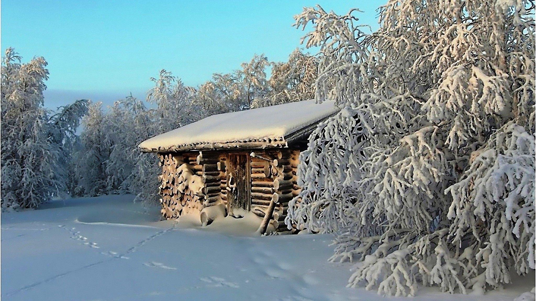 Log cabin in winter wallpaper. PC