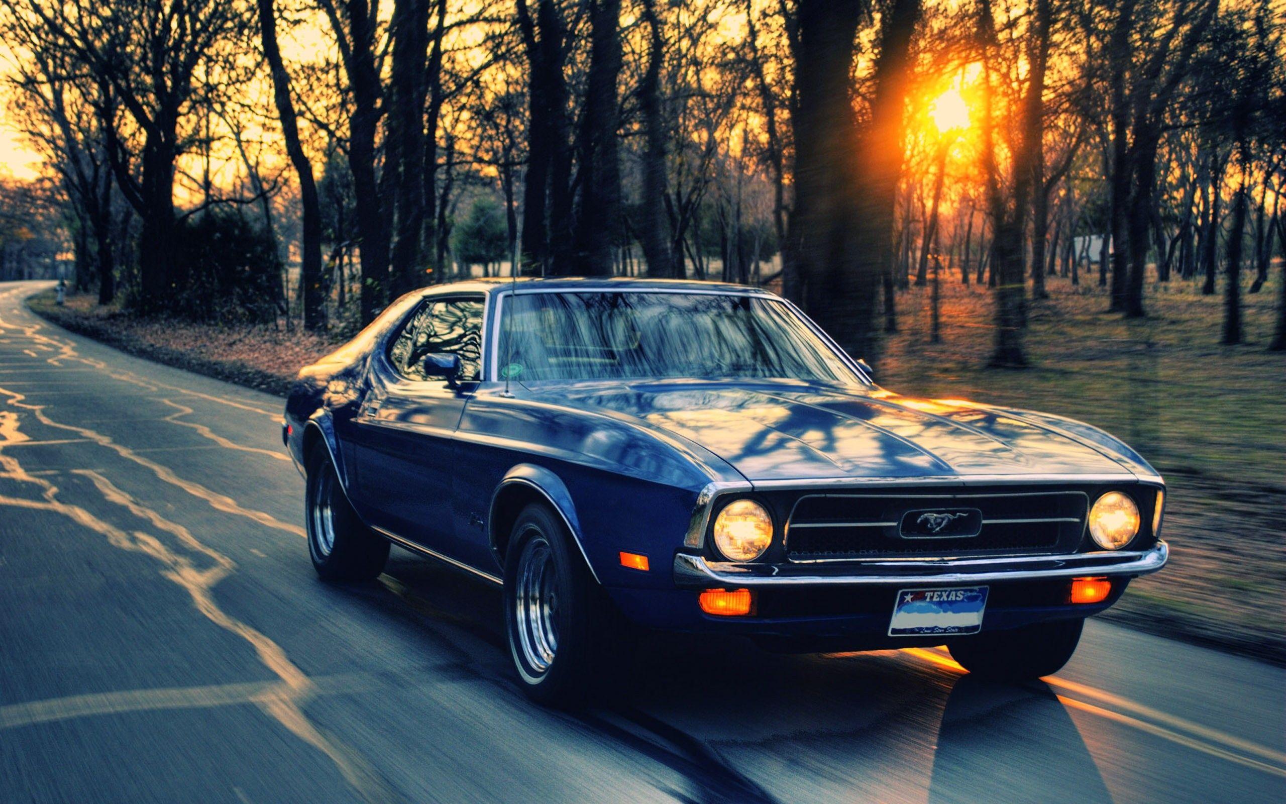 sunset, sunrise, trees, Ford, roads, Ford Mustang, driving, old