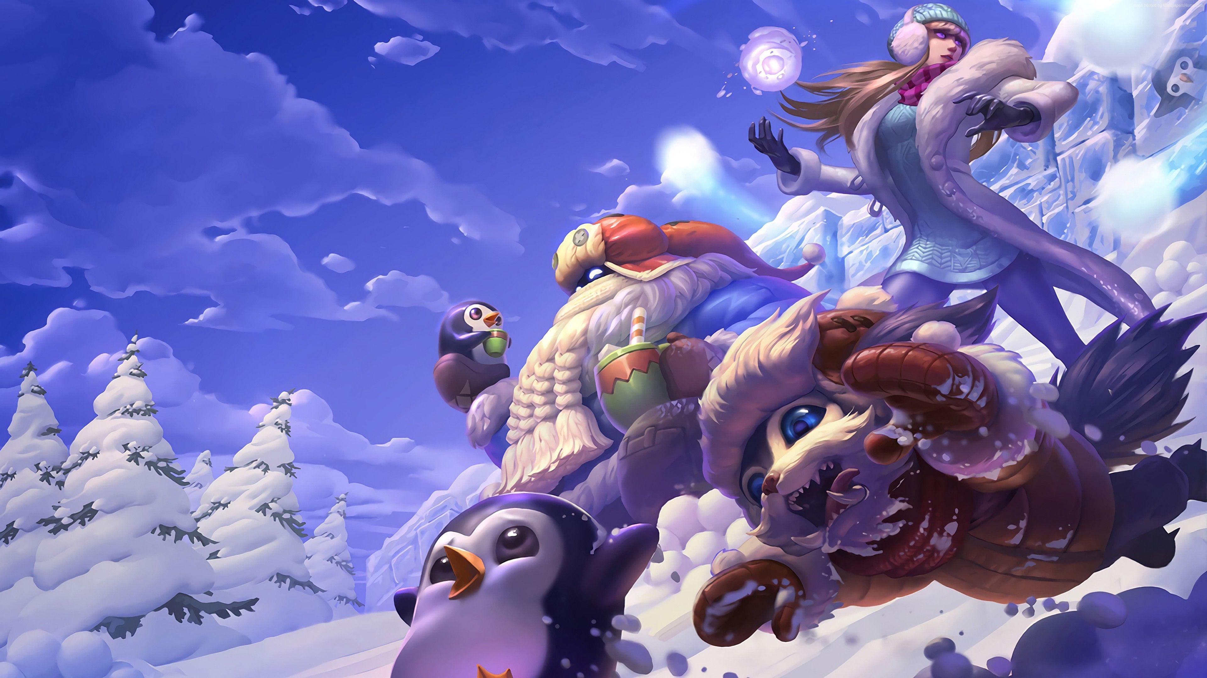 Wallpaper snow day, syndra bard, gnar splash, League of Legends