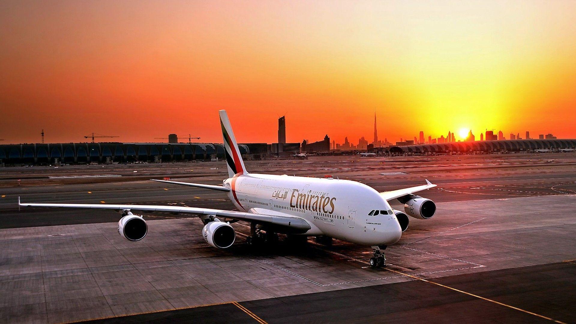 sunset, aircraft, Dubai, Airbus A380- aviation, Emirates