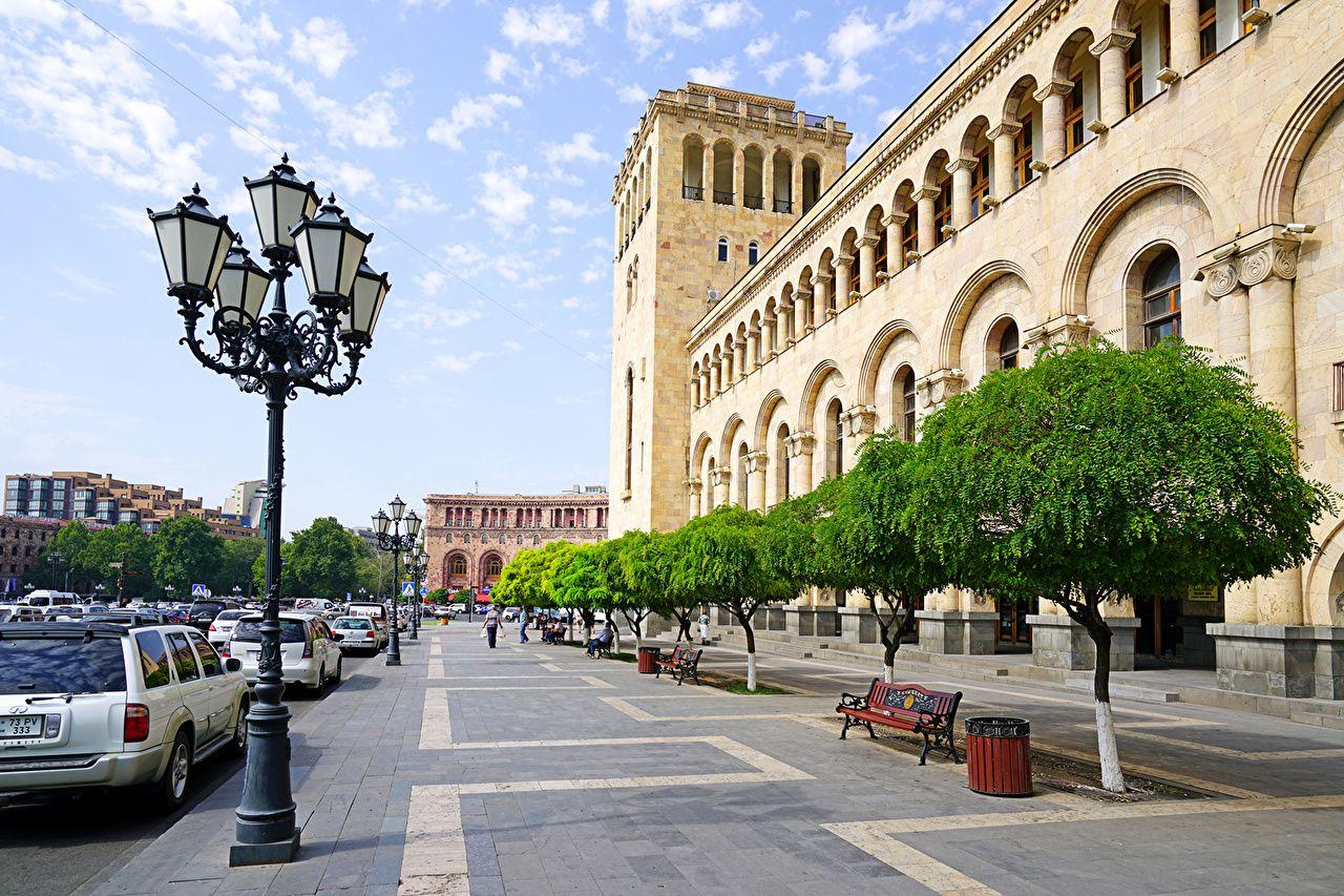 Wallpaper Cities Yerevan Armenia Street Trees Houses Street lights