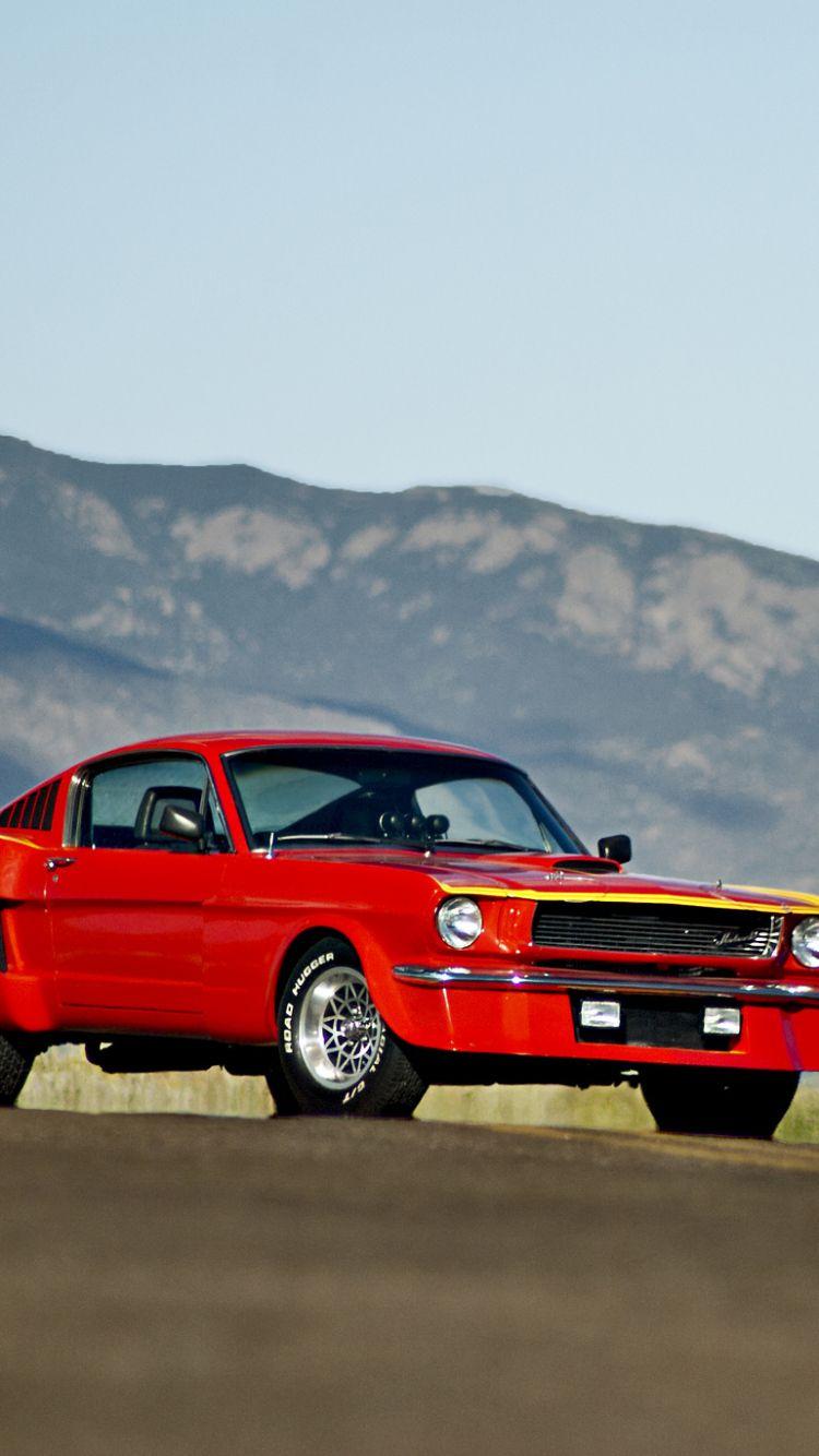Download Wallpaper 750x1334 Ford mustang, Red, Side view