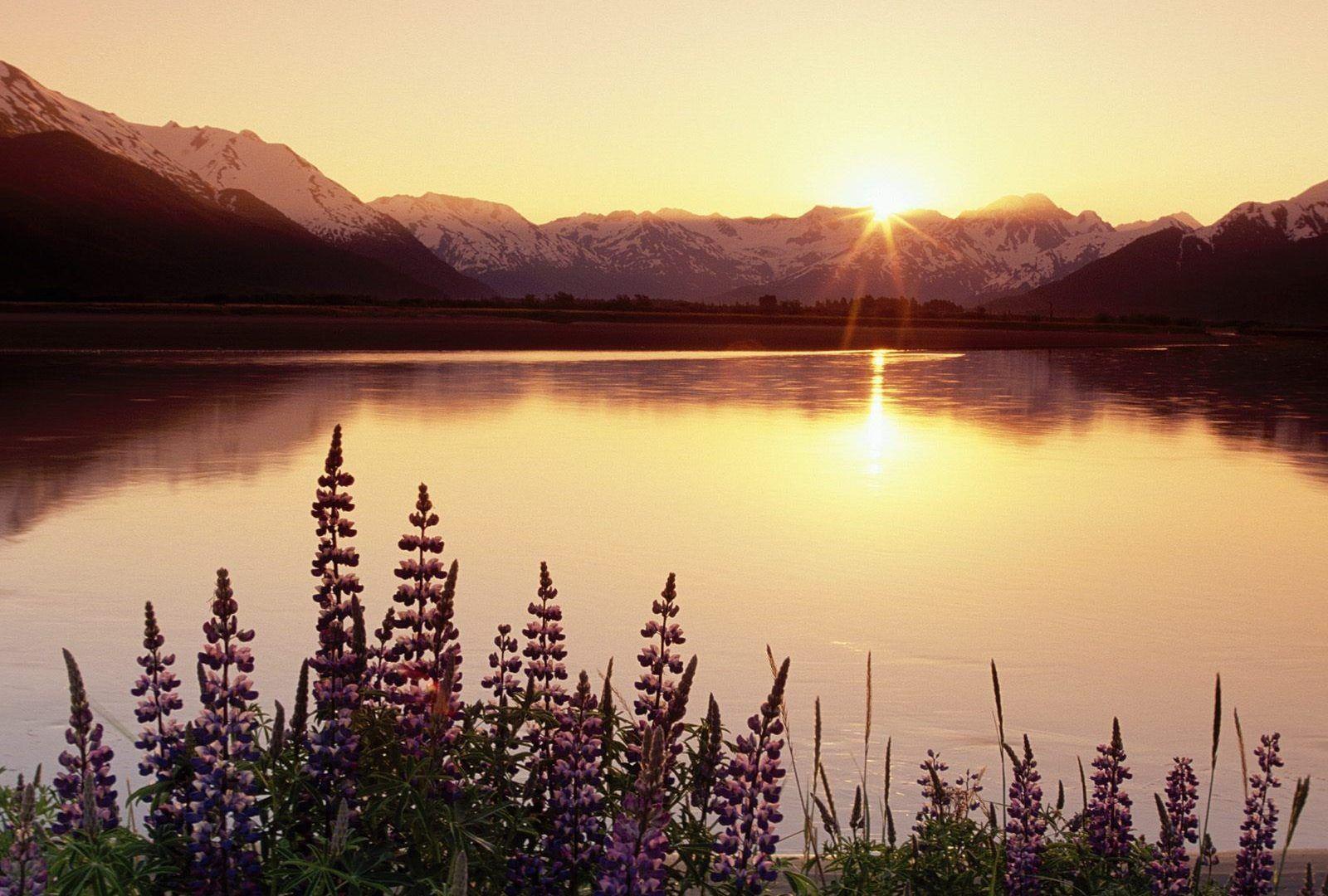 Lakes: Sunset State Lake Mountains Chugach Park National Alaska