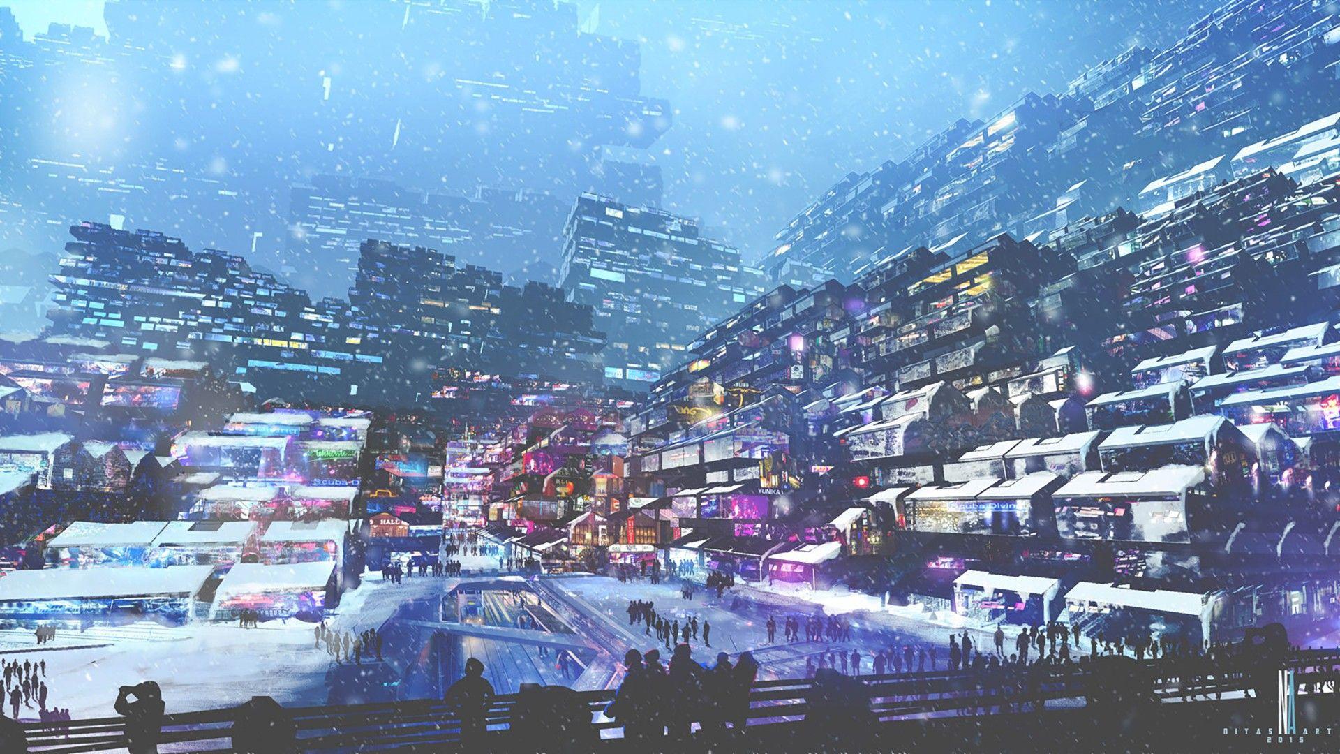 artwork, Digital Art, City, Futuristic, Cyberpunk, Snow, Lights, People, Winter Wallpaper HD / Desktop and Mobile Background