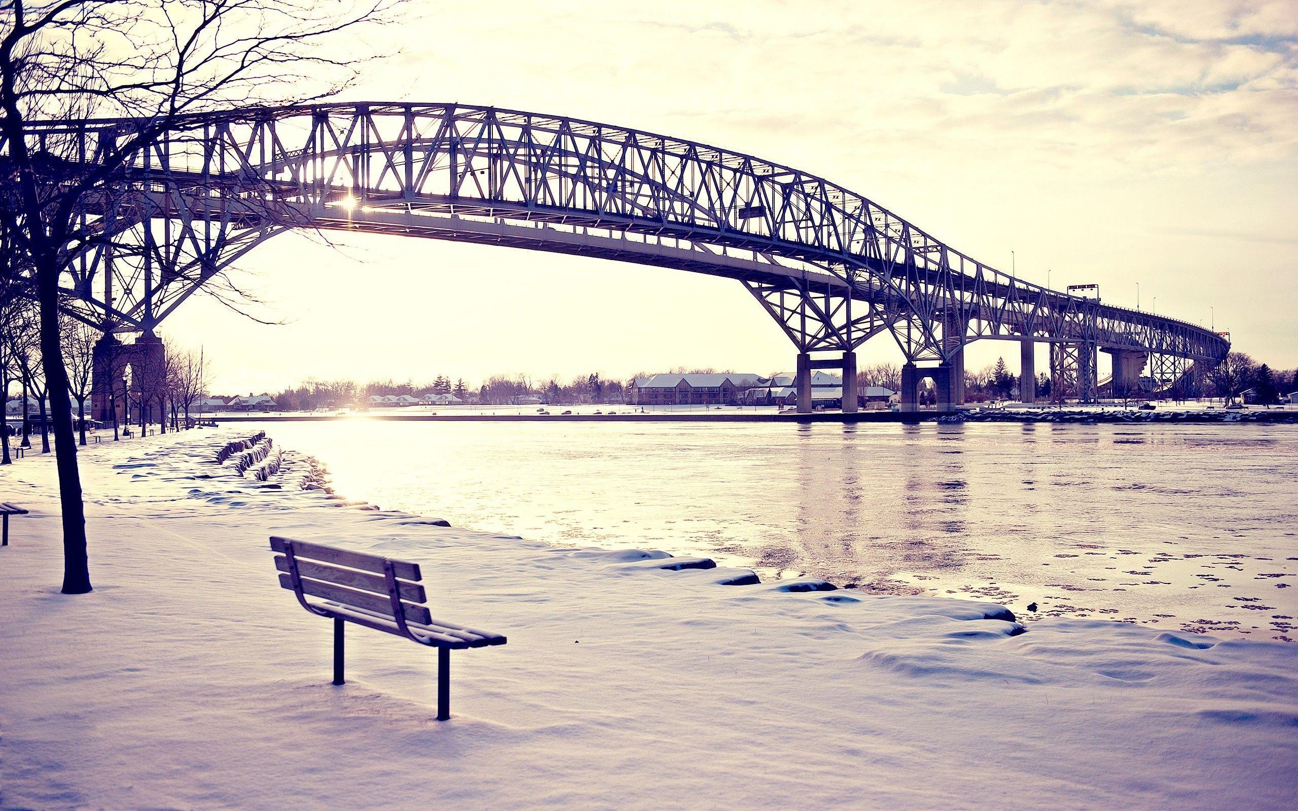 bridge, Bench, Snow, Lake Wallpaper HD / Desktop and Mobile