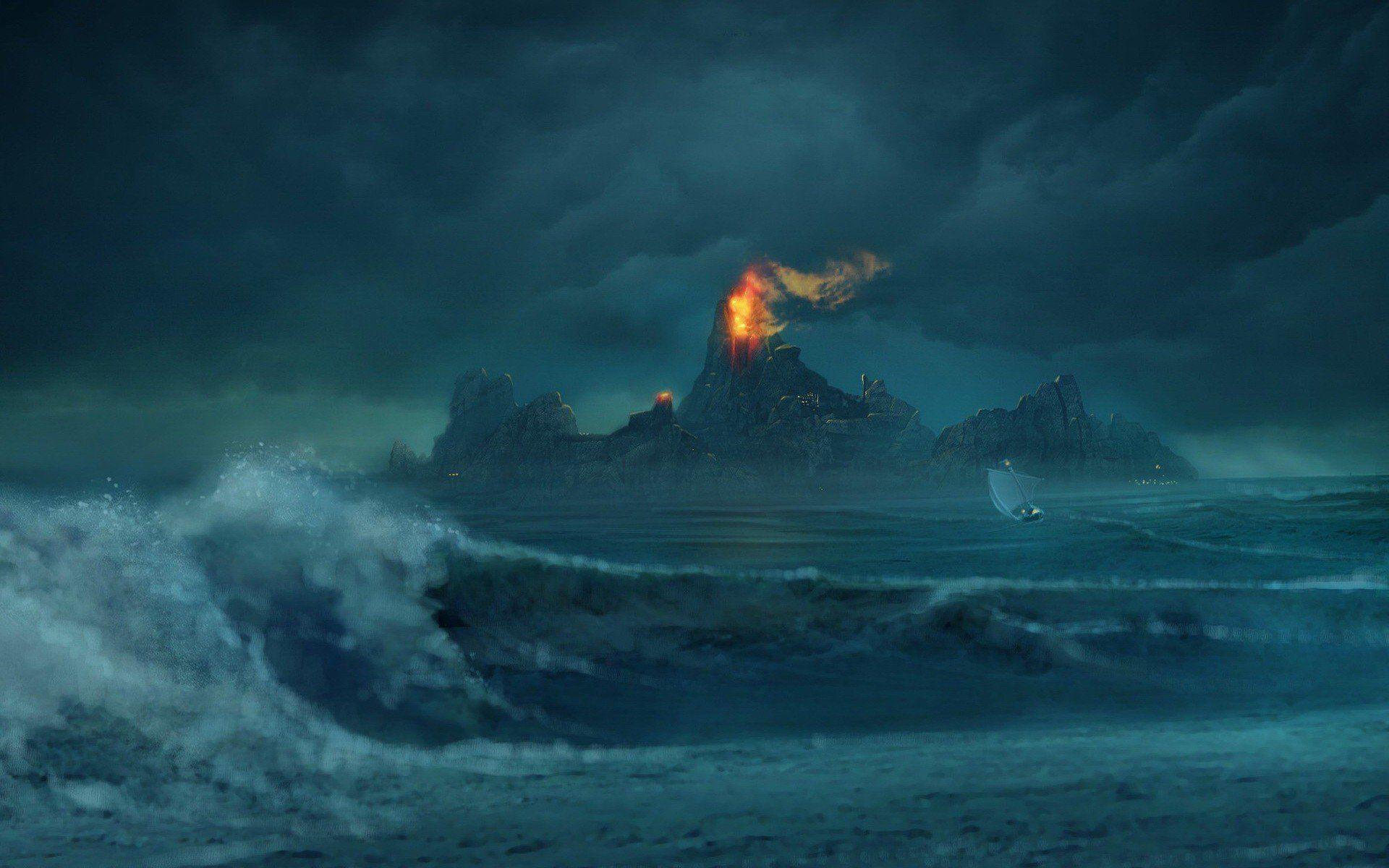 waves boat fire mountain risen HD wallpaper