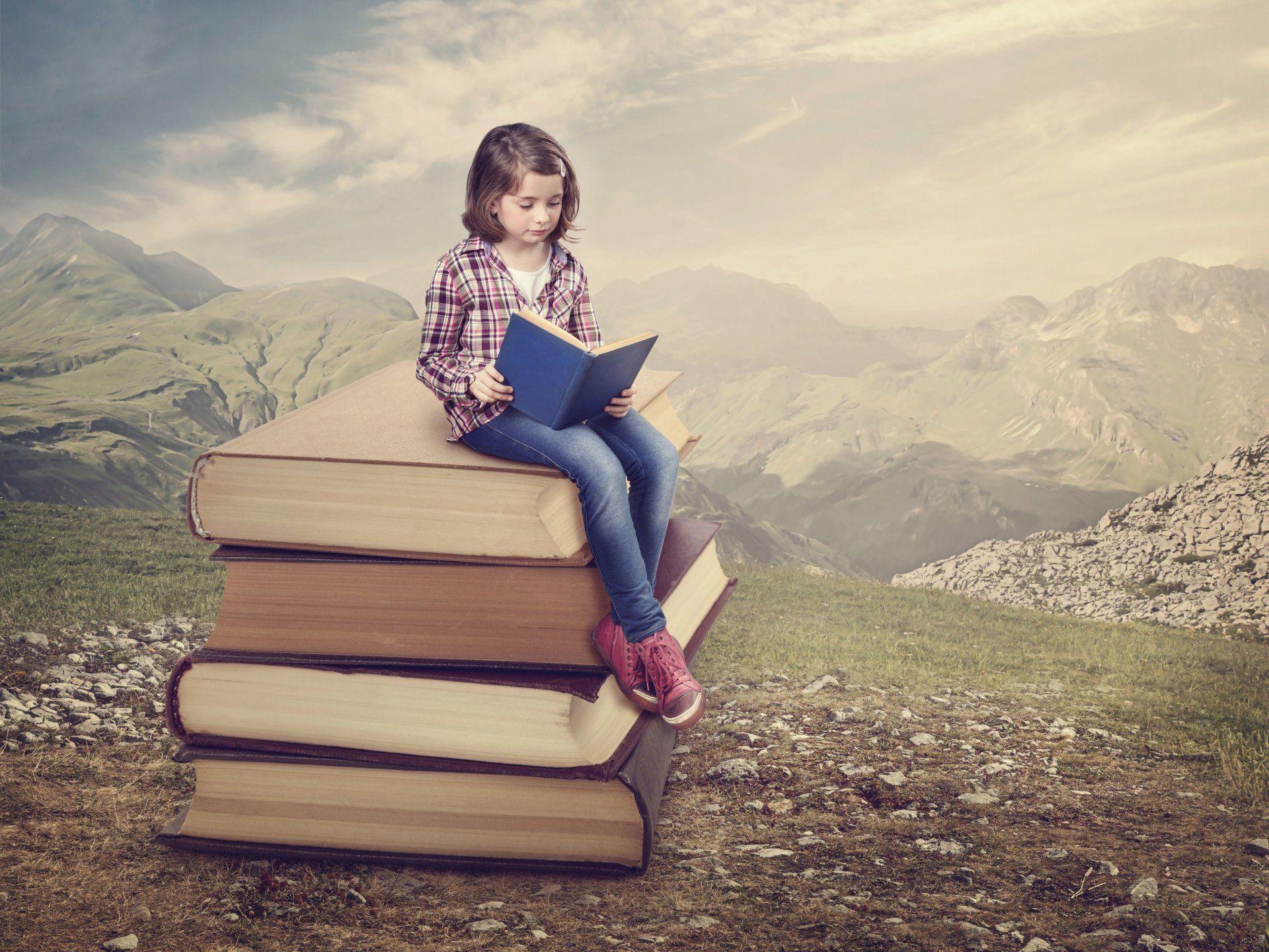 girl books reading mountain nature HD wallpaper