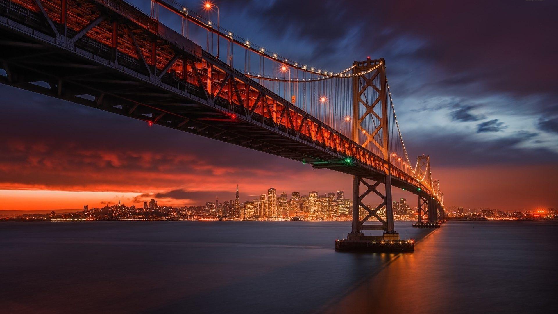 Bridges: Sunset Oakland Bay Bridge San Francisco World Sky Sunsets