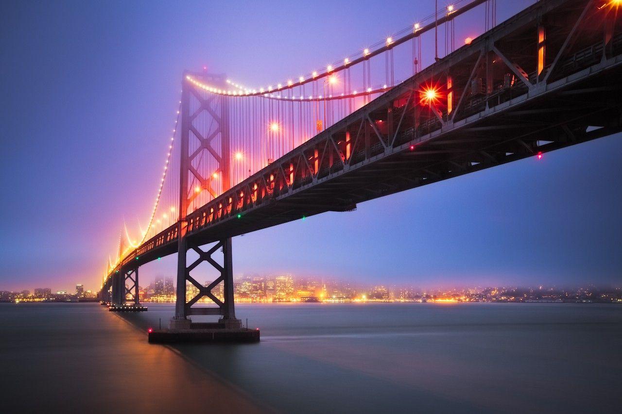 Sunset: Bay Bridge San Francisco Beautiful Cable City Lights Ocean