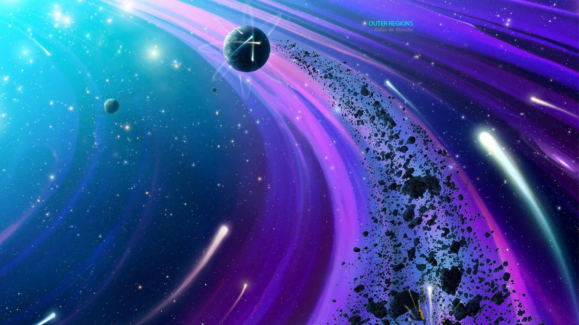 Wallpaper asteroids and comets are flying in a circle free desktop