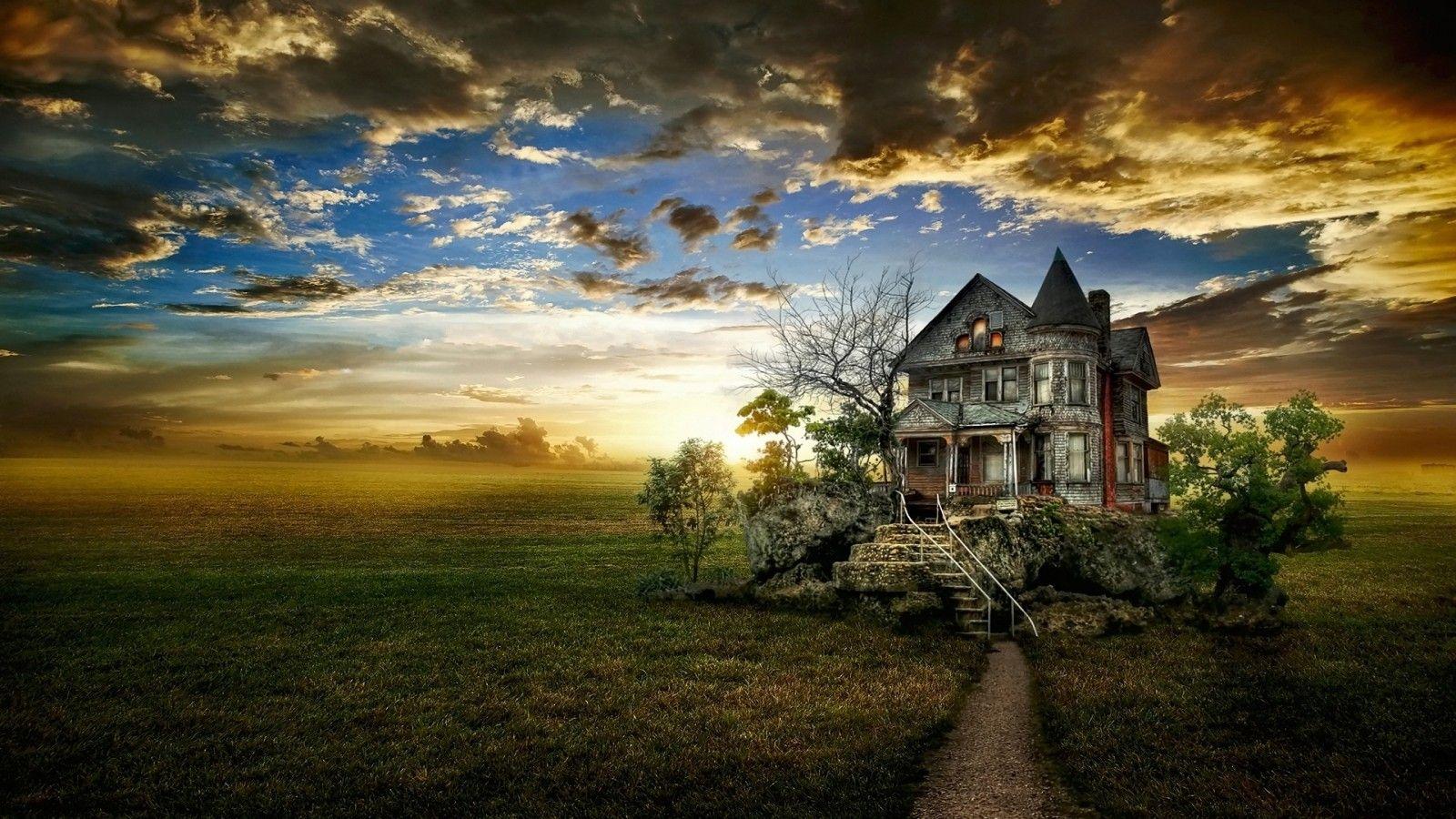 Houses: Haunted House Stretched Halloween Clouds Sky Nature
