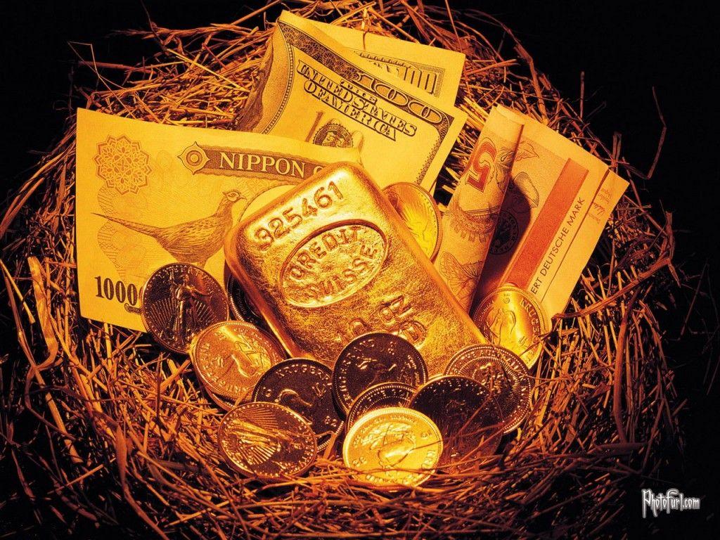 Gold Biscuit Coins And Currency Beautiful Photo