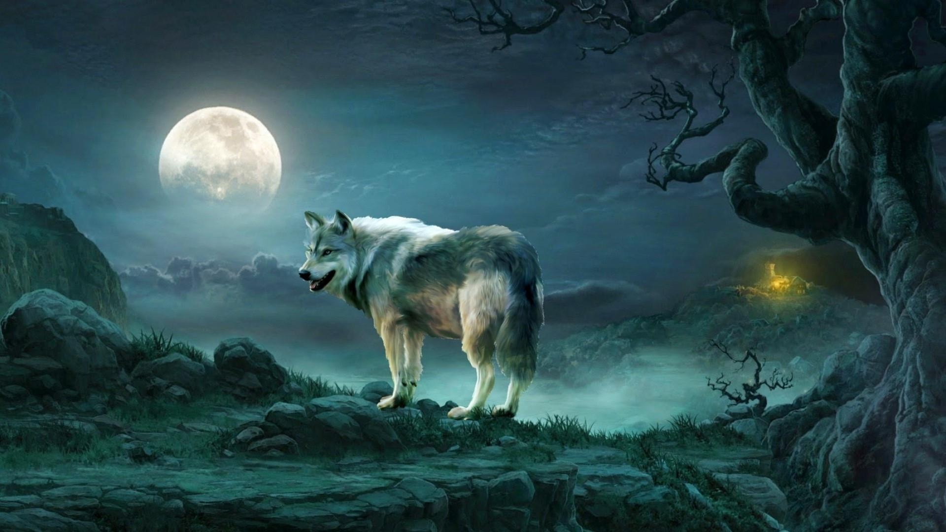 Wolf Under The Full Moon Art Wallpaper. Wallpaper Studio