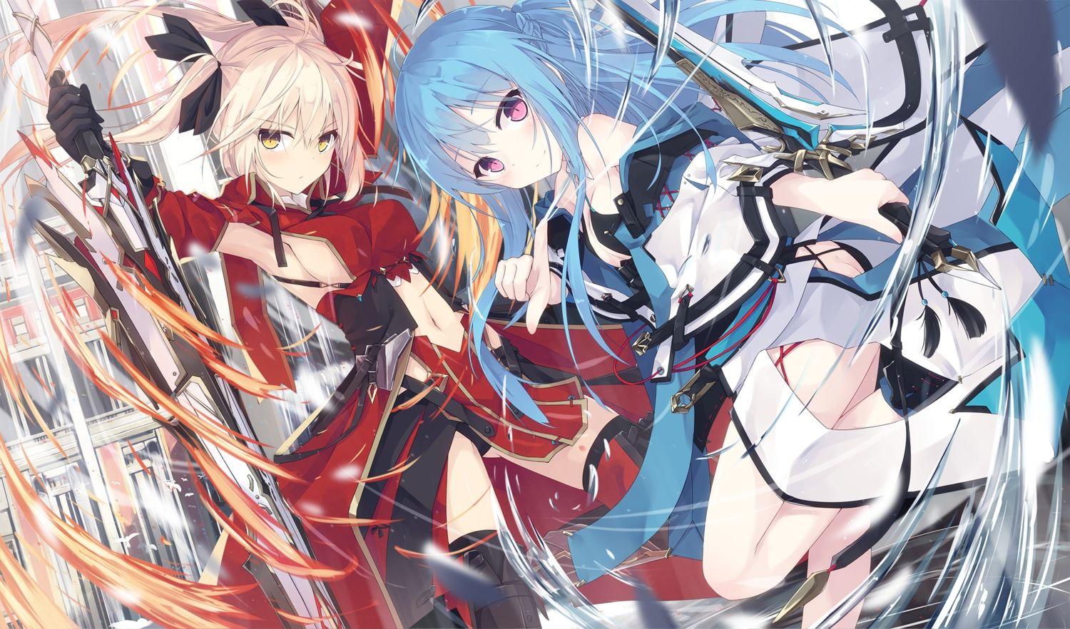 2girls aqua hair blonde hair boots breasts fire long hair magic