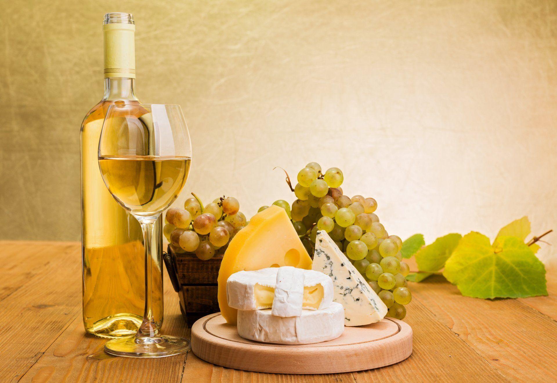 wine white glass a bottle cheese dorblu camembert maasdam grapes