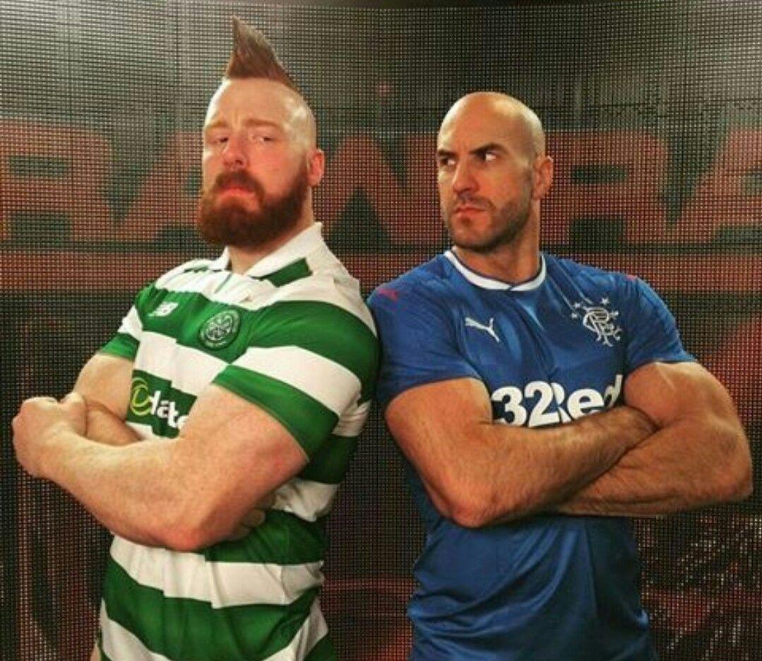 Sheamus and Cesaro in Celtic and Rangers shirts in Scotland. WWE