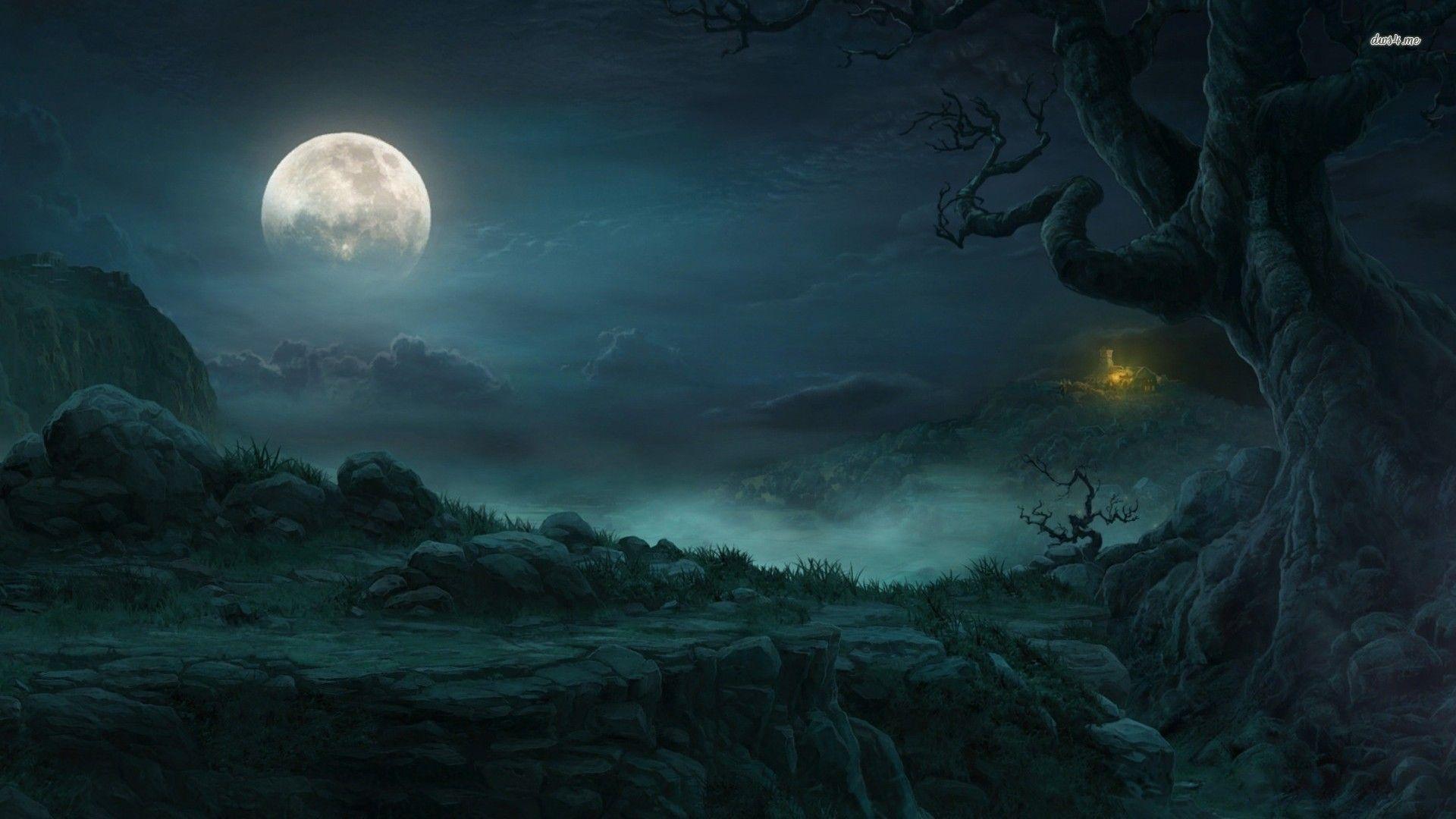 Scary Castles Fantasy Tree House Night Moon Sky Forest 1920x1080