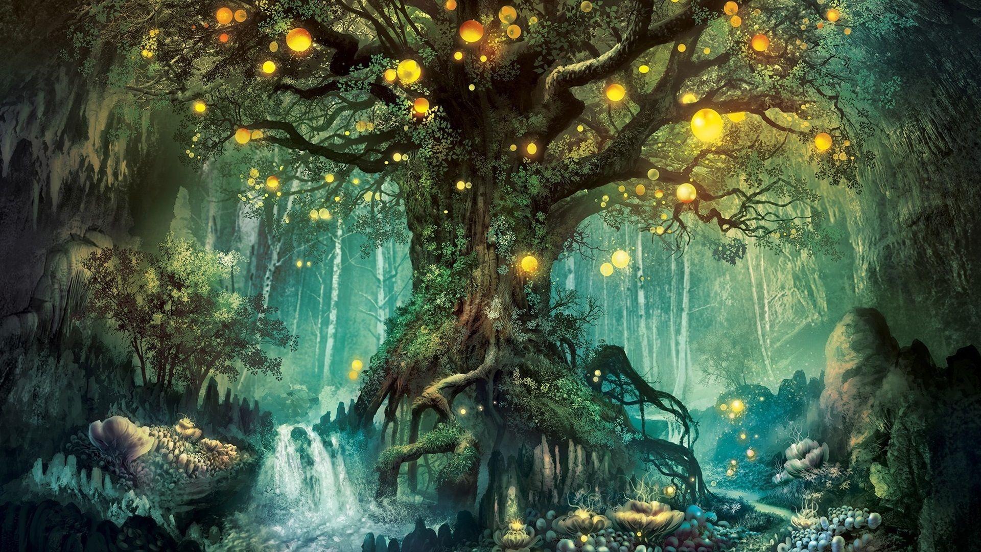 Magic forest, tree, lights, creative design Wallpaperx1080