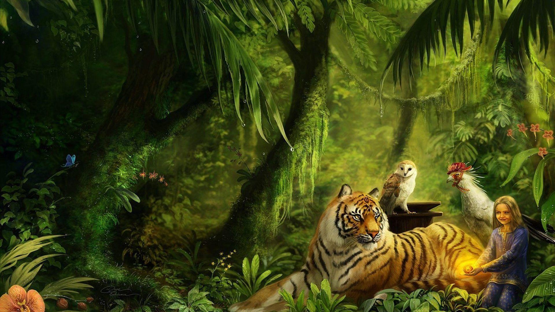 Forests: Tiger Green Forest Nature Magic Dream Free Wallpaper