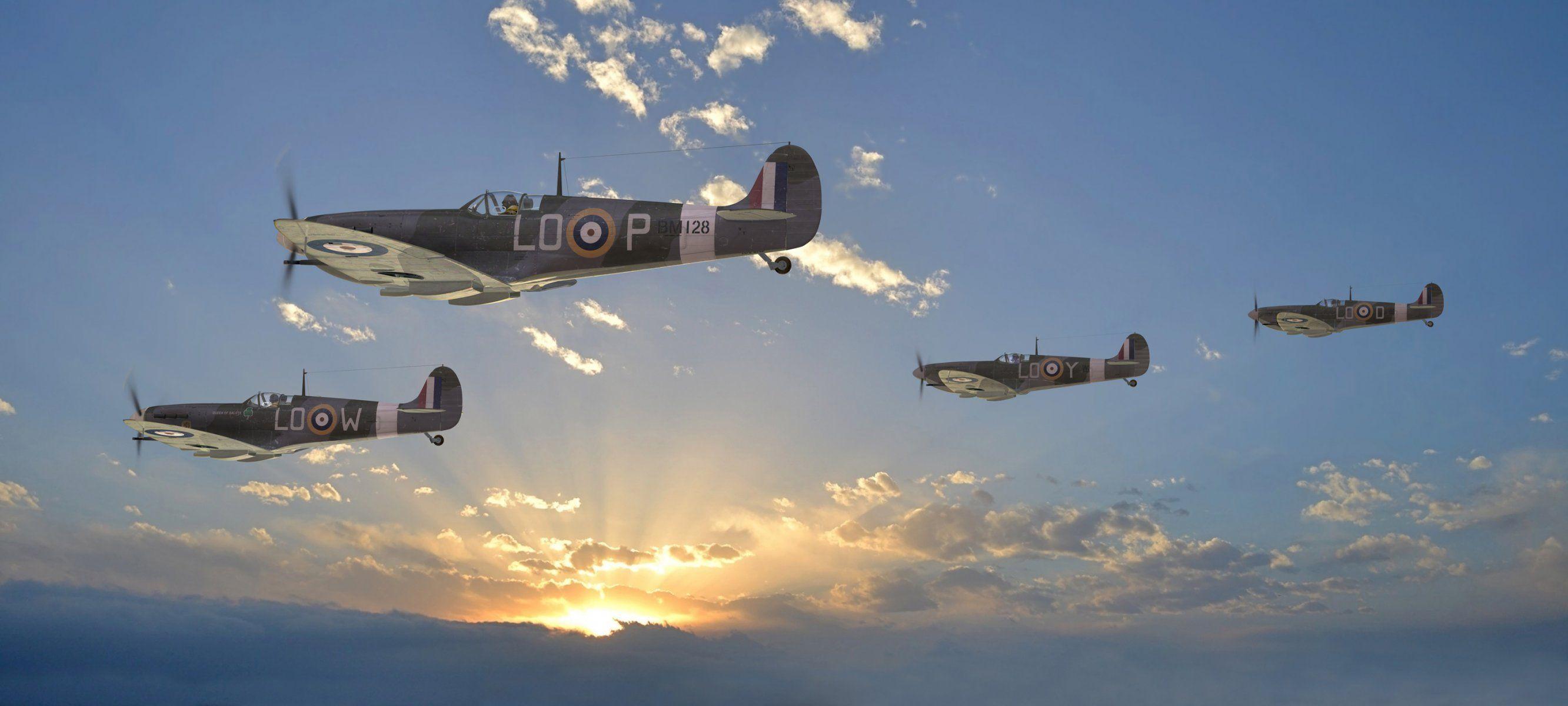 sky supermarine spitfire uk fighters clouds sun rays ww2 picture