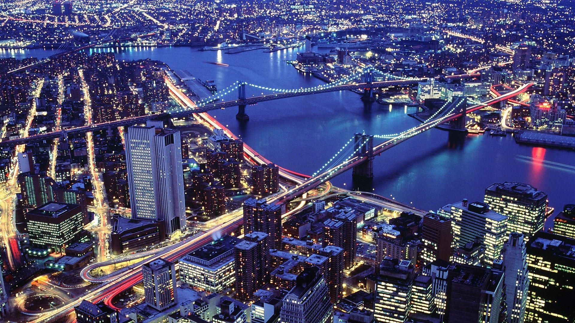 Skyscrapers: New York City Night Bridges River Nyc Lights Image