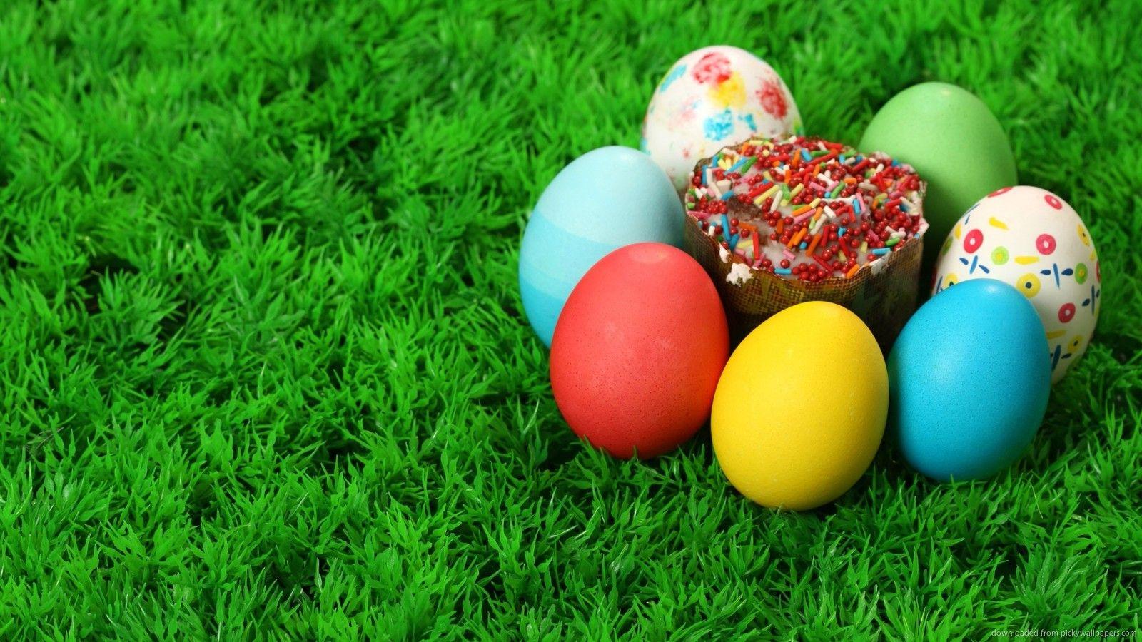 Download 1600x900 Easter Eggs On Artificial Grass Wallpaper