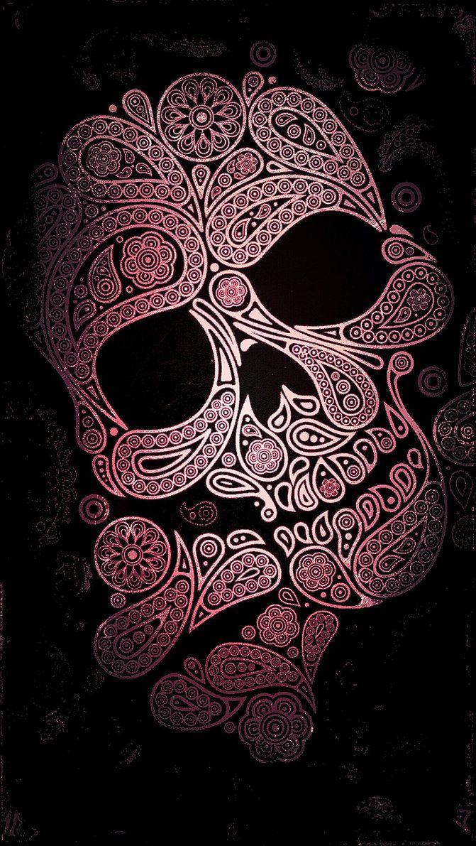 Pink and black Floral Skull phone wallpaper