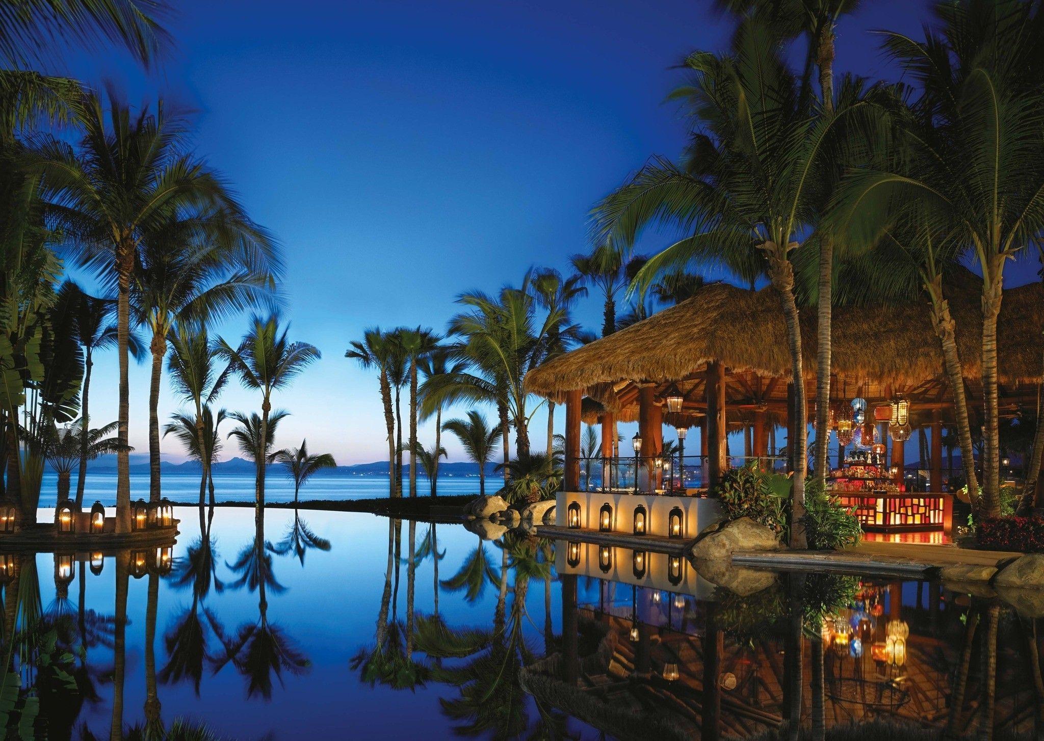 evening, Swimming Pool, Palm Trees, Resort, Sea, Beach, Reflection