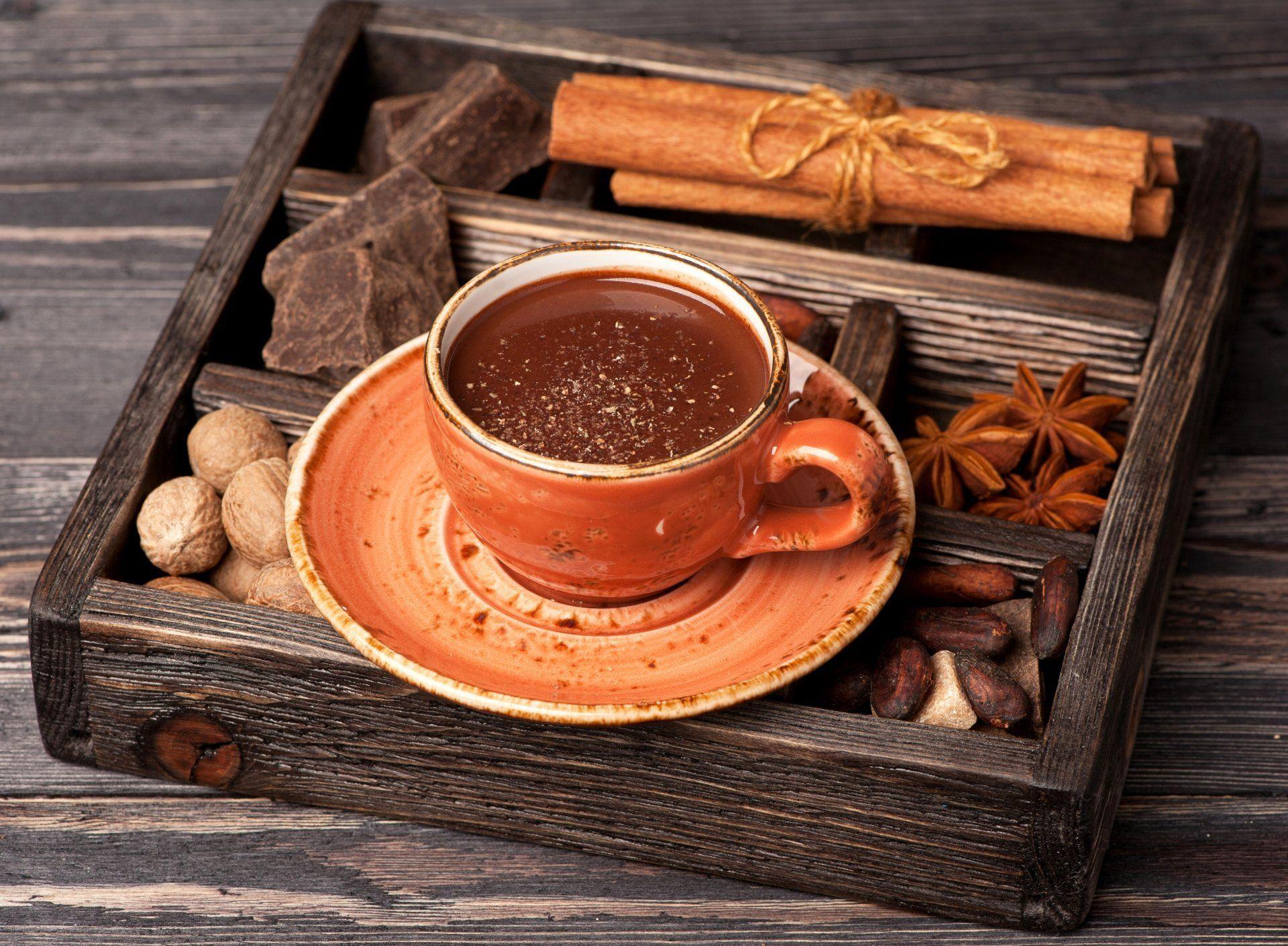 drink hot chocolate cup saucer nuts cinnamon anise spices HD wallpaper