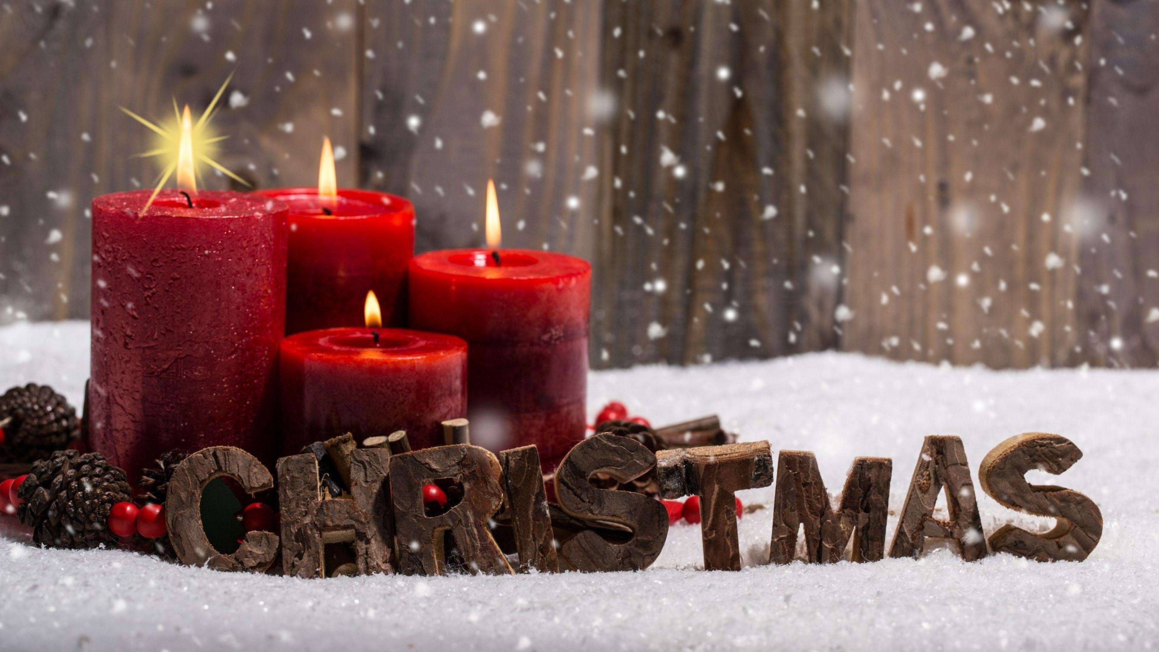 Download Wallpaper 3840x2160 Christmas, Candles, Snow 4K Ultra HD