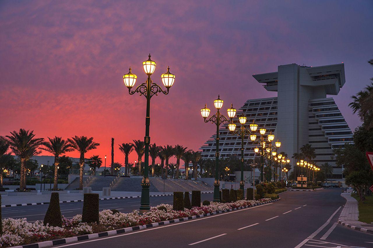 Wallpaper Doha Qatar Roads Night Street lights Cities Building