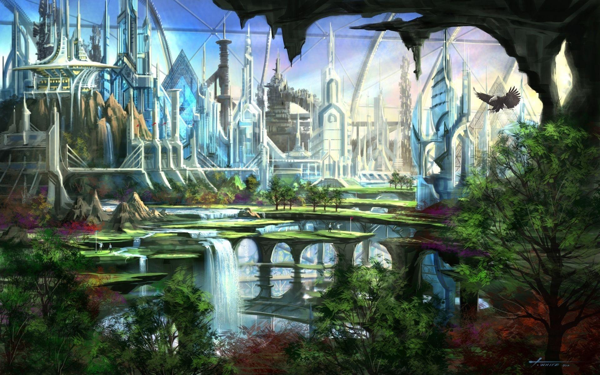 Fantasy art cities waterfalls nature trees wallpaperx1200