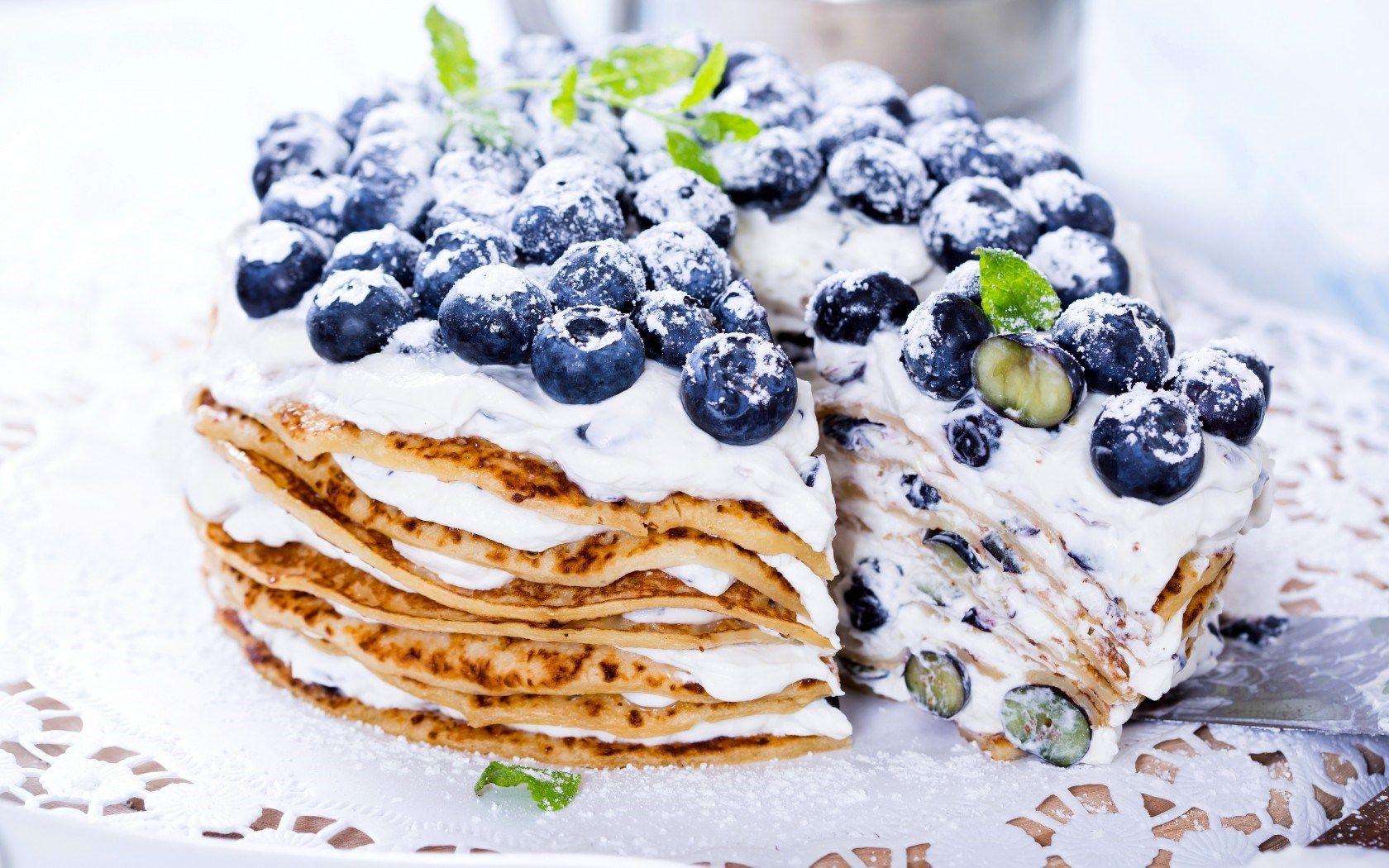 Pancakes, Berries, Blueberries, Blueberry, Cream, Sweet, Dessert