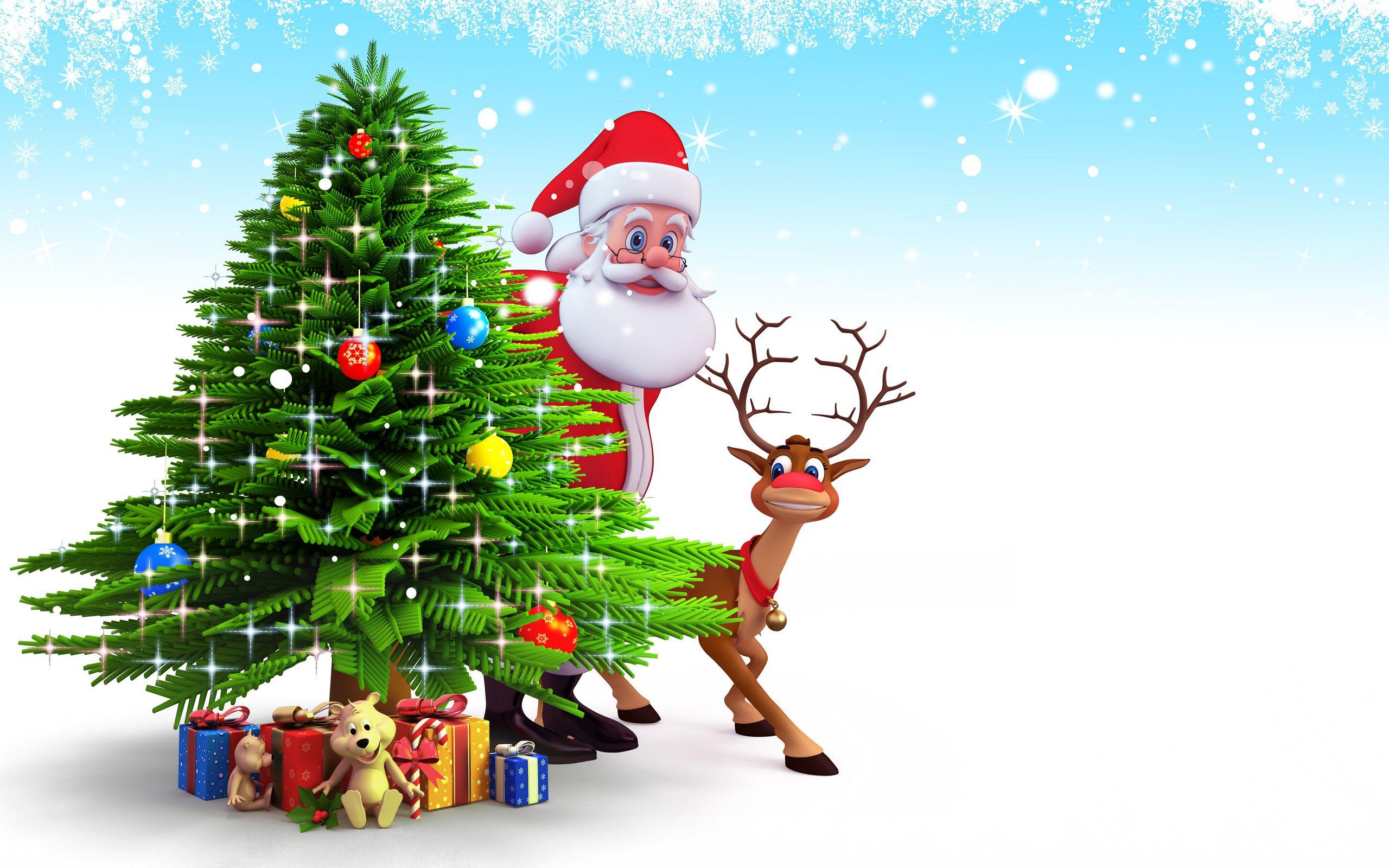Santa Claus And Reindeer behind christmas tree and gifts