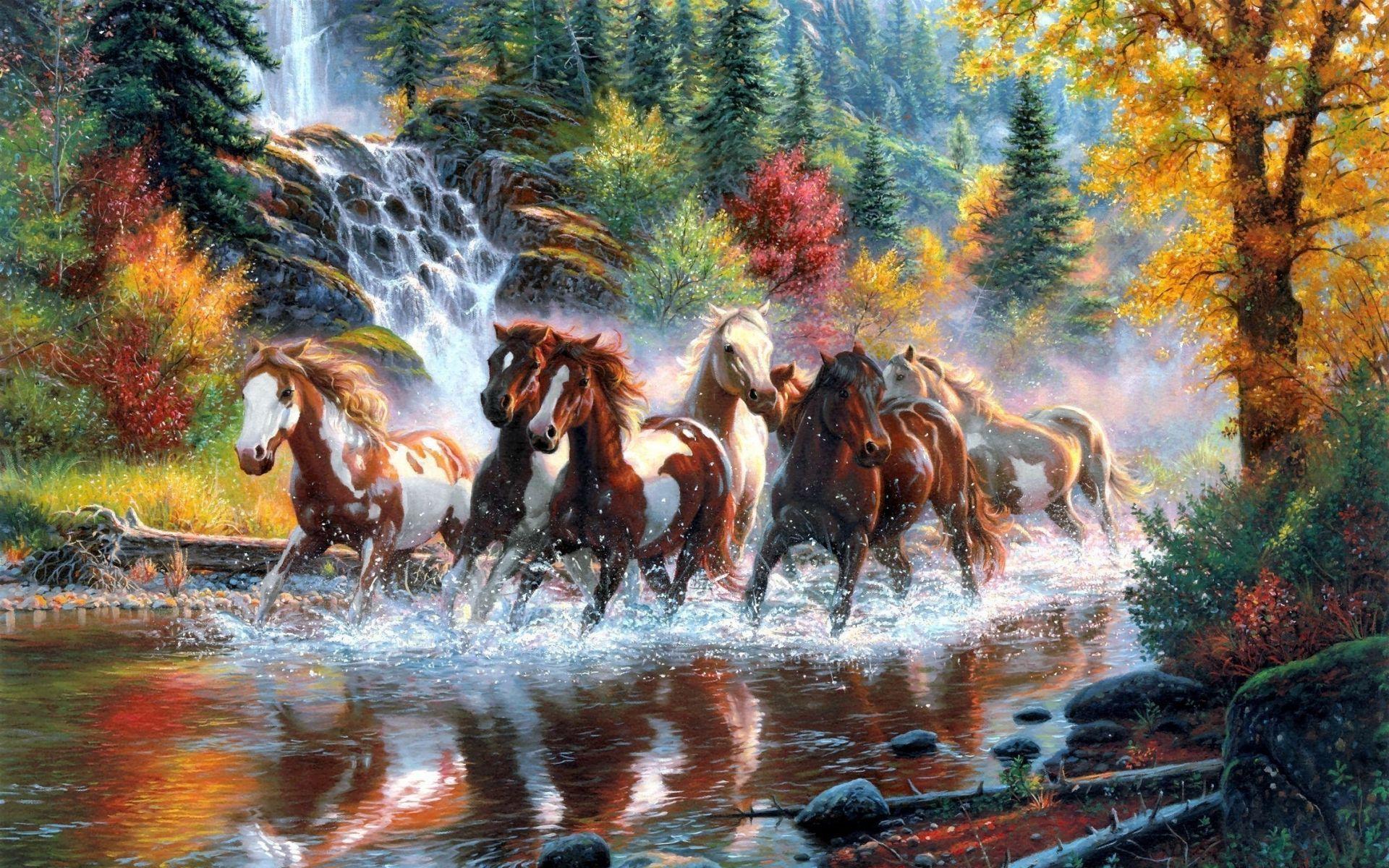 Horses running in the river Wallpaper