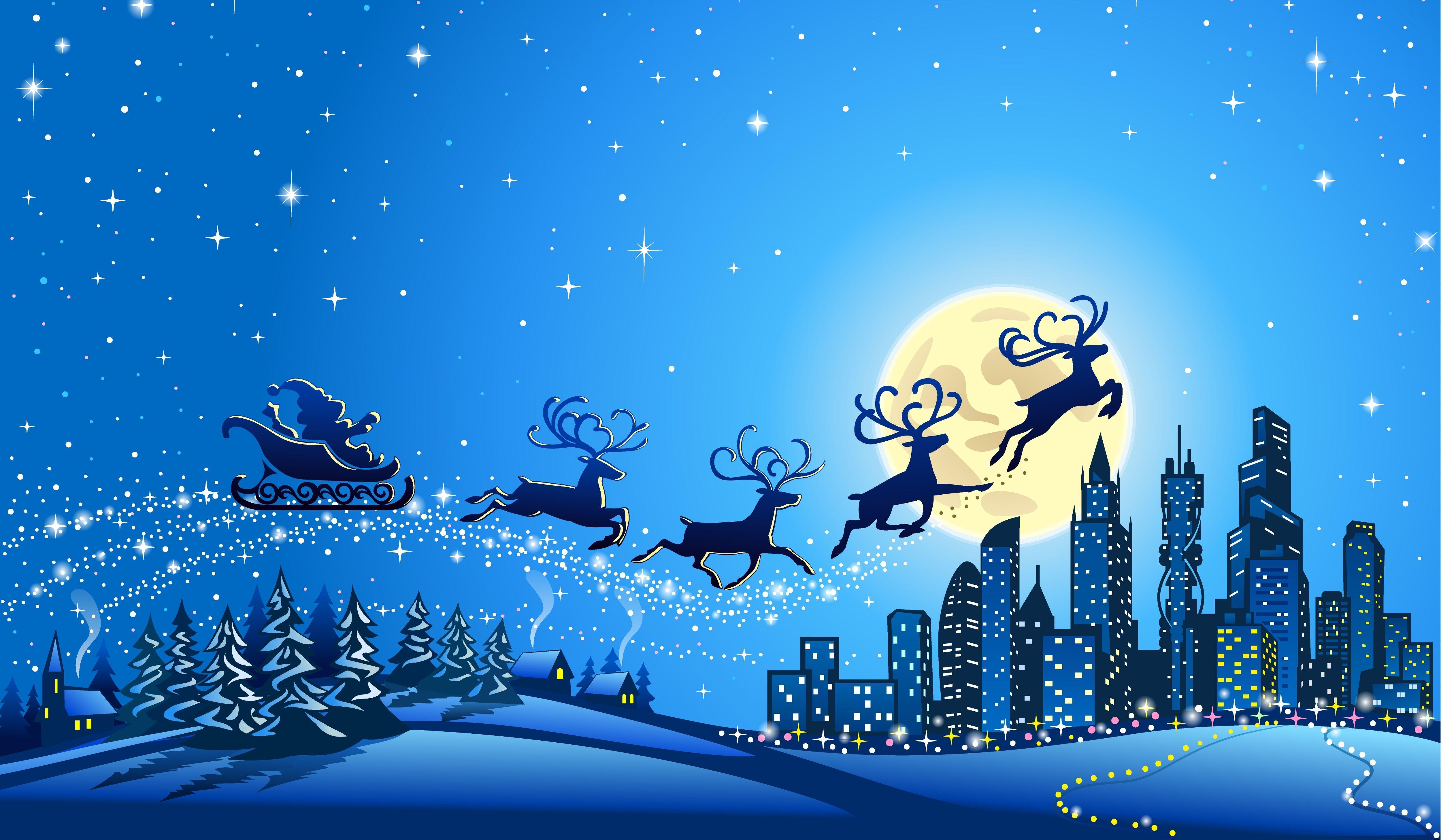 Wallpaper Reindeer Chariot, City, Santa Sleigh, Santa Claus, 4K
