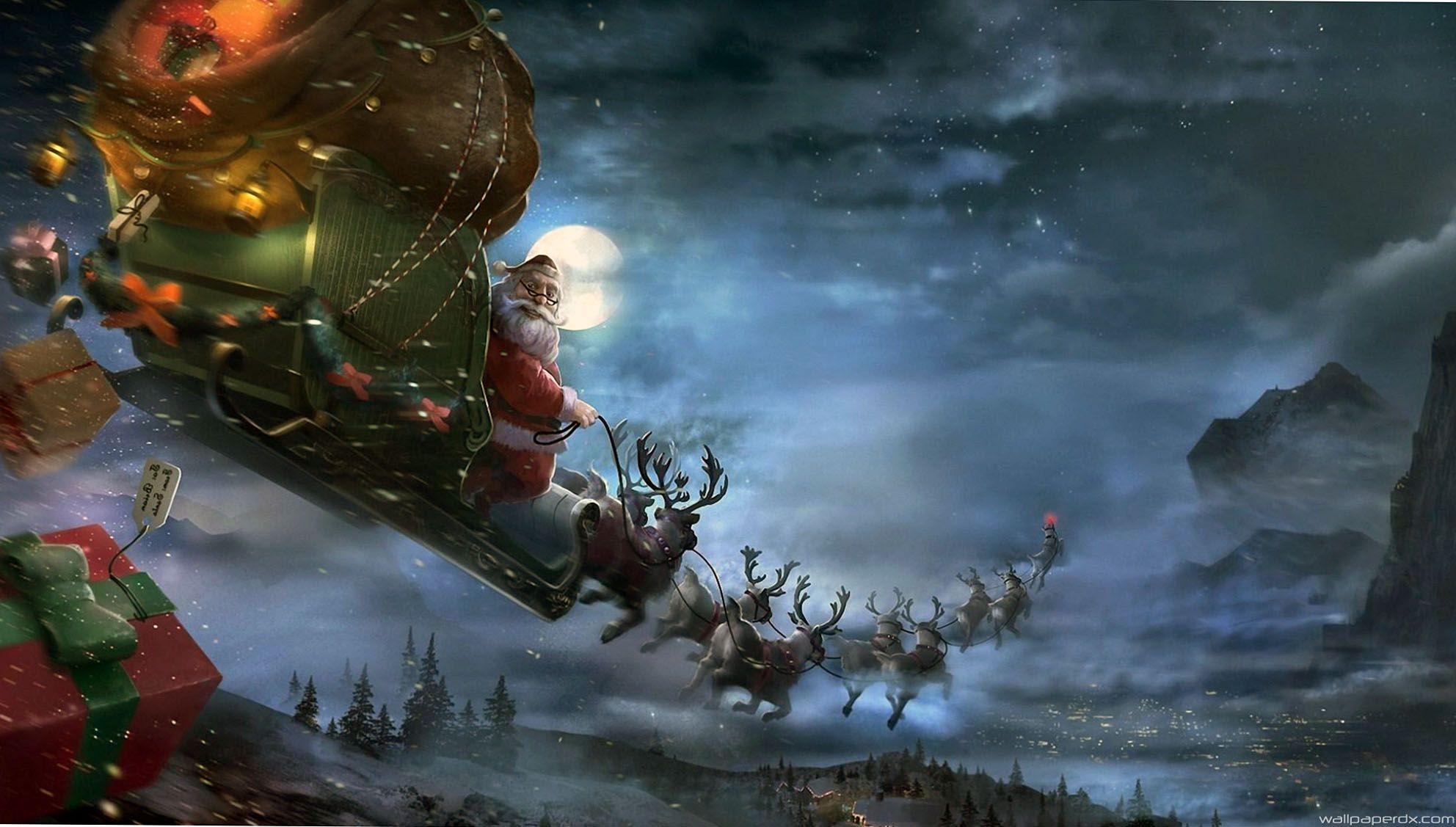 santa claus reindeer sleigh flying gifts christmas funny full HD