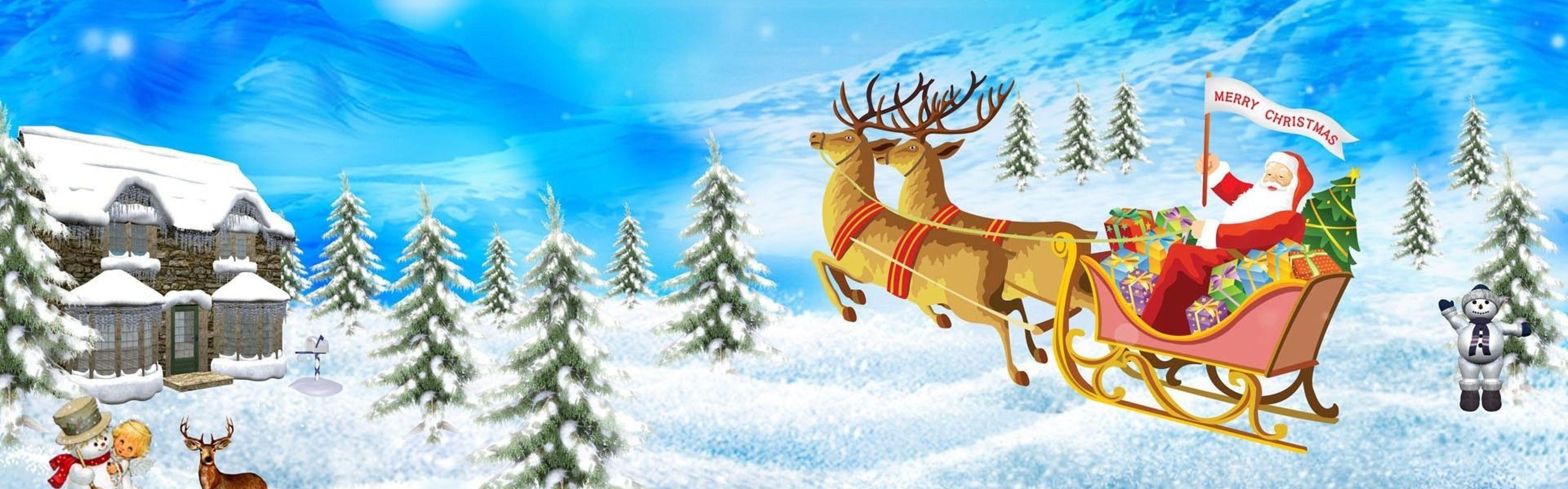 Download Wallpaper 3840x1200 Santa claus, Reindeer, Sleigh