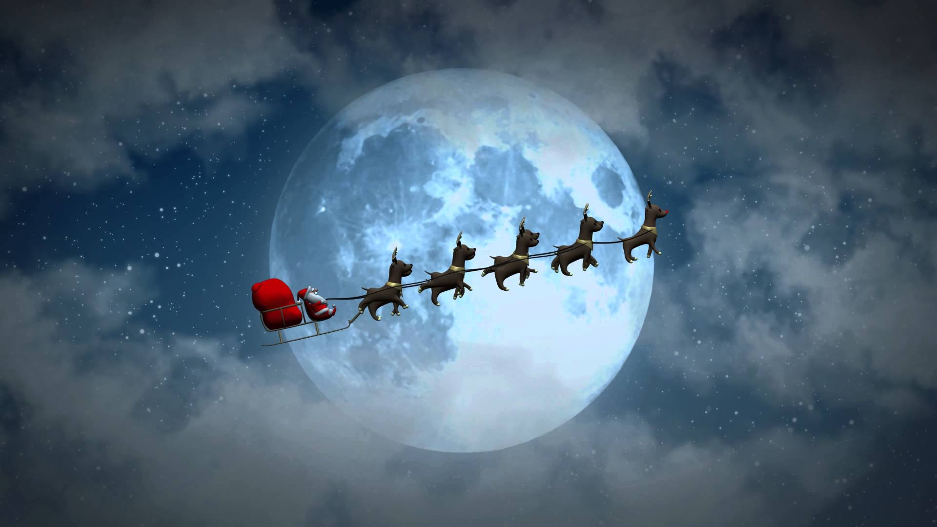 Christmas flying Santa sleigh reindeer's at night animated motion