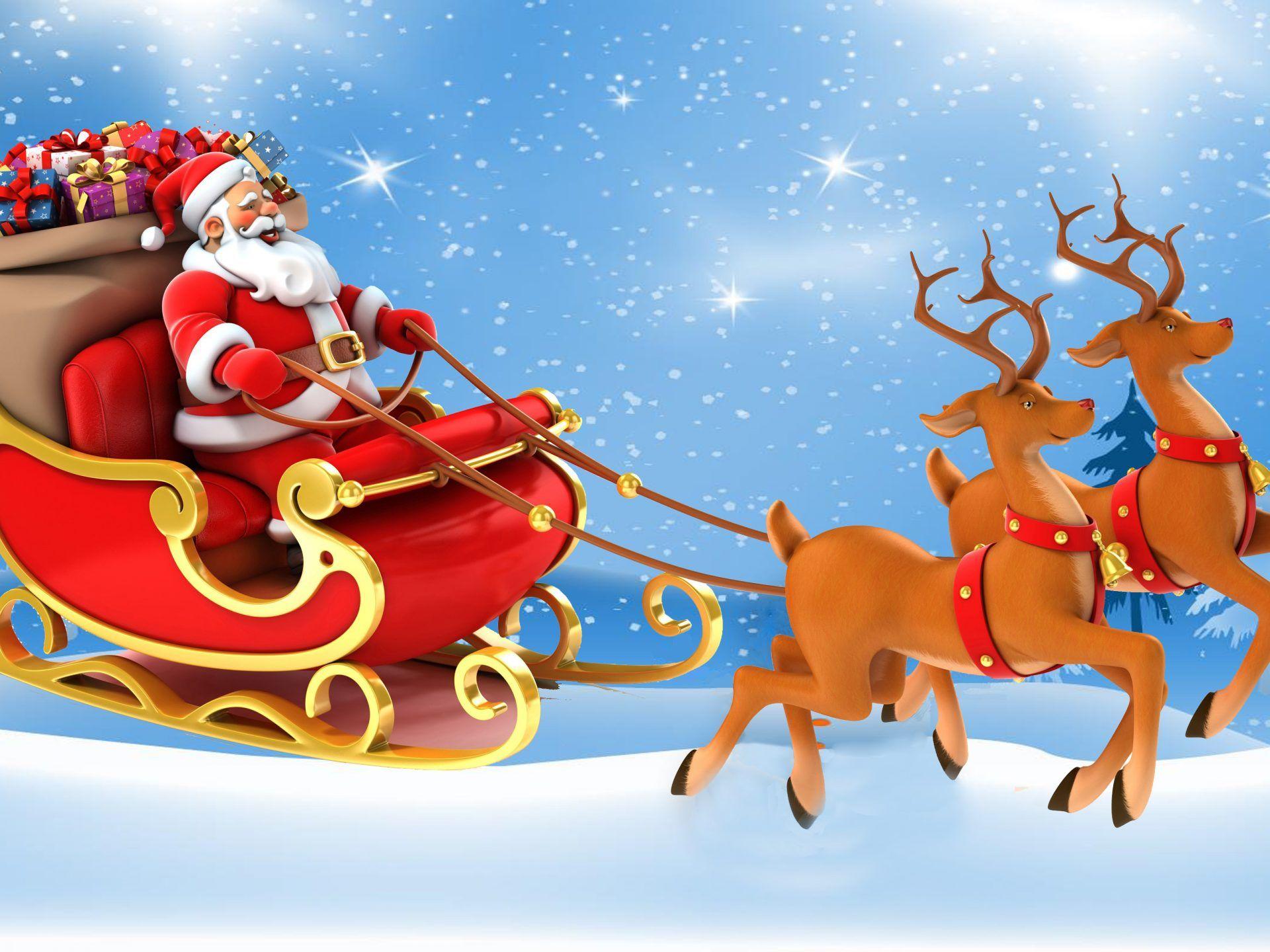 Christmas Postcard Santa Claus In A Sleigh With Gifts Reindeer