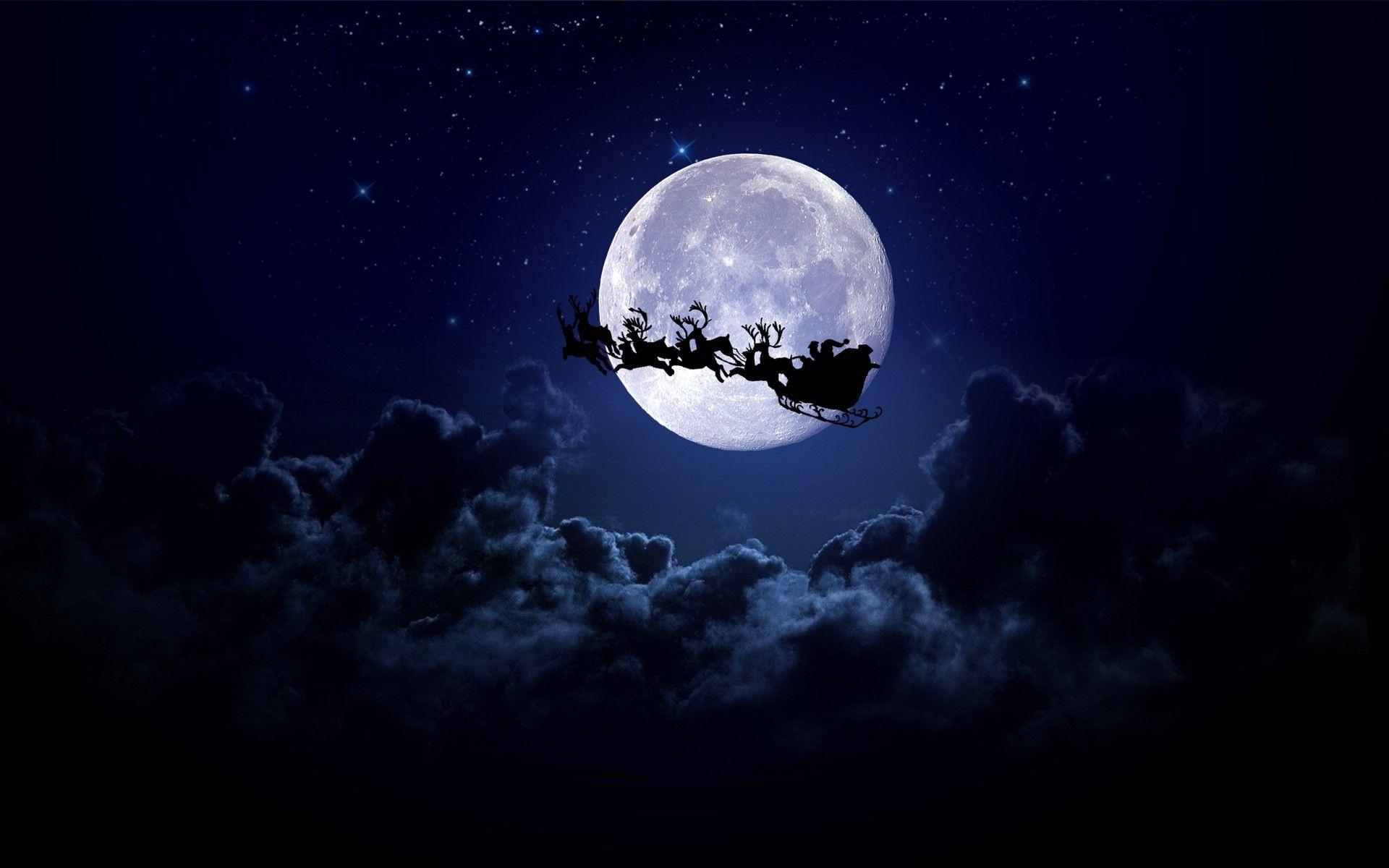 Christmas, Moon, Christmas Sleigh, Santa, Santa Claus, Reindeer