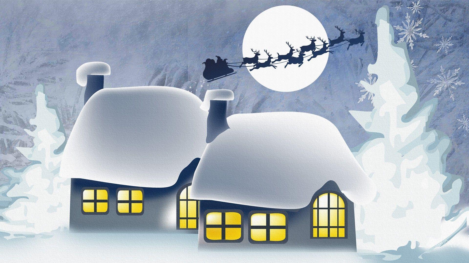 Winter: Snowing Moon Eve Reindeer Sleigh Santa Nicholas Full