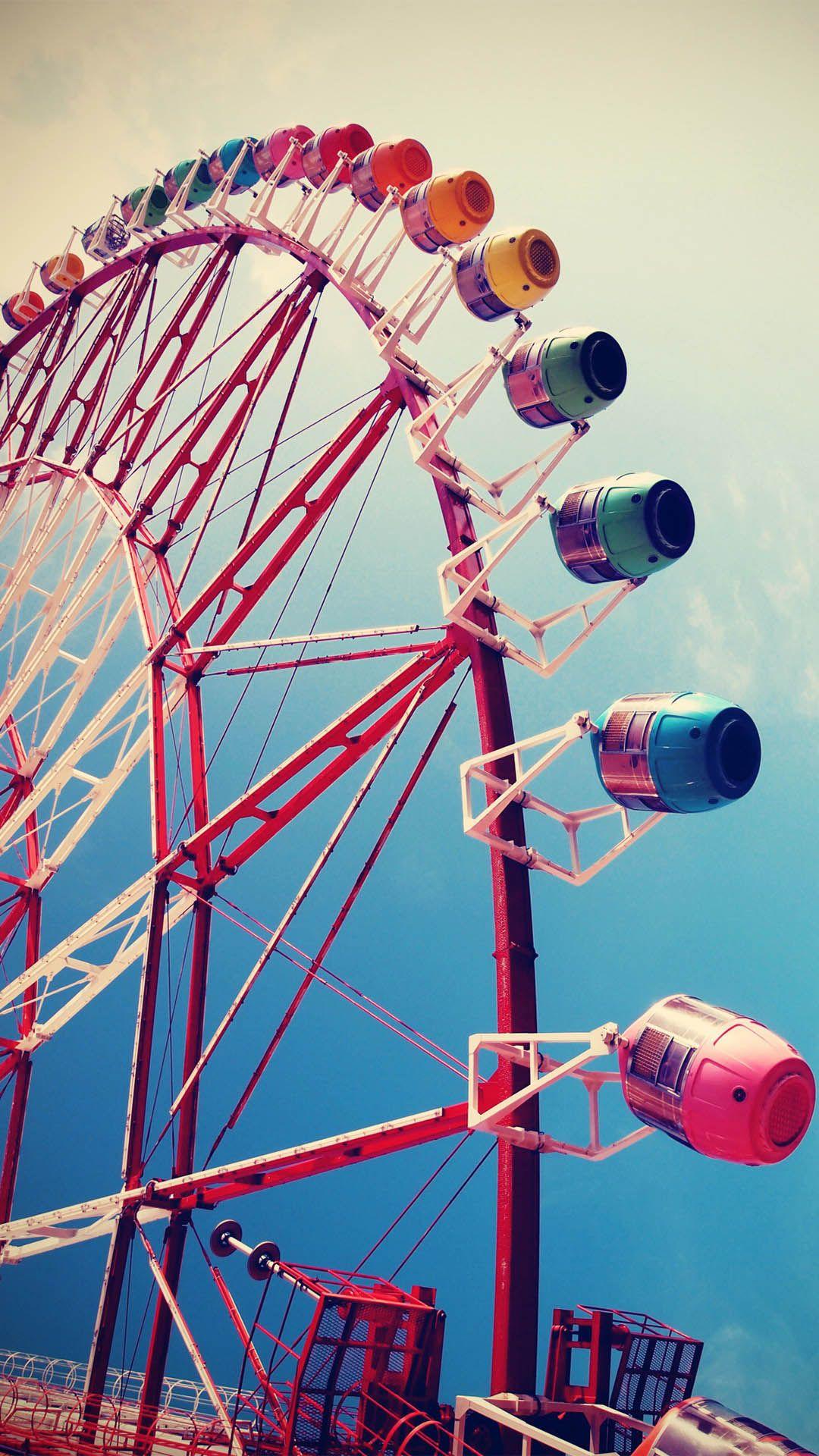Colorful Ferris Wheel Blue Sky Amusement Park Android Wallpaper