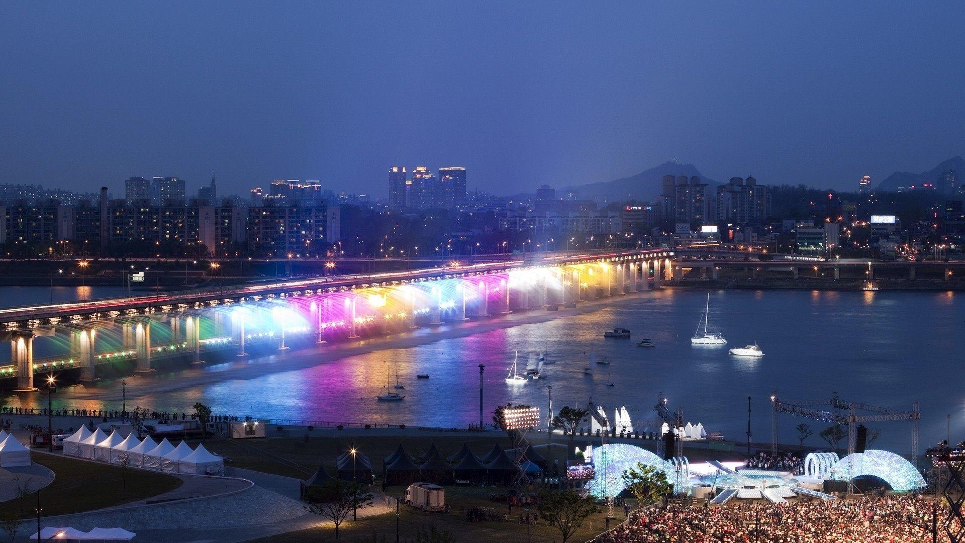 Han River, bridge, rainbow illumination, night, Seoul, South Korea