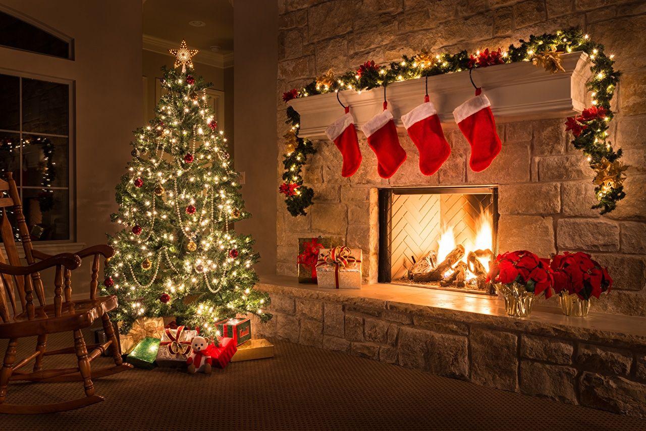 Wallpapers Christmas Socks New Year tree Fireplace Fairy lights