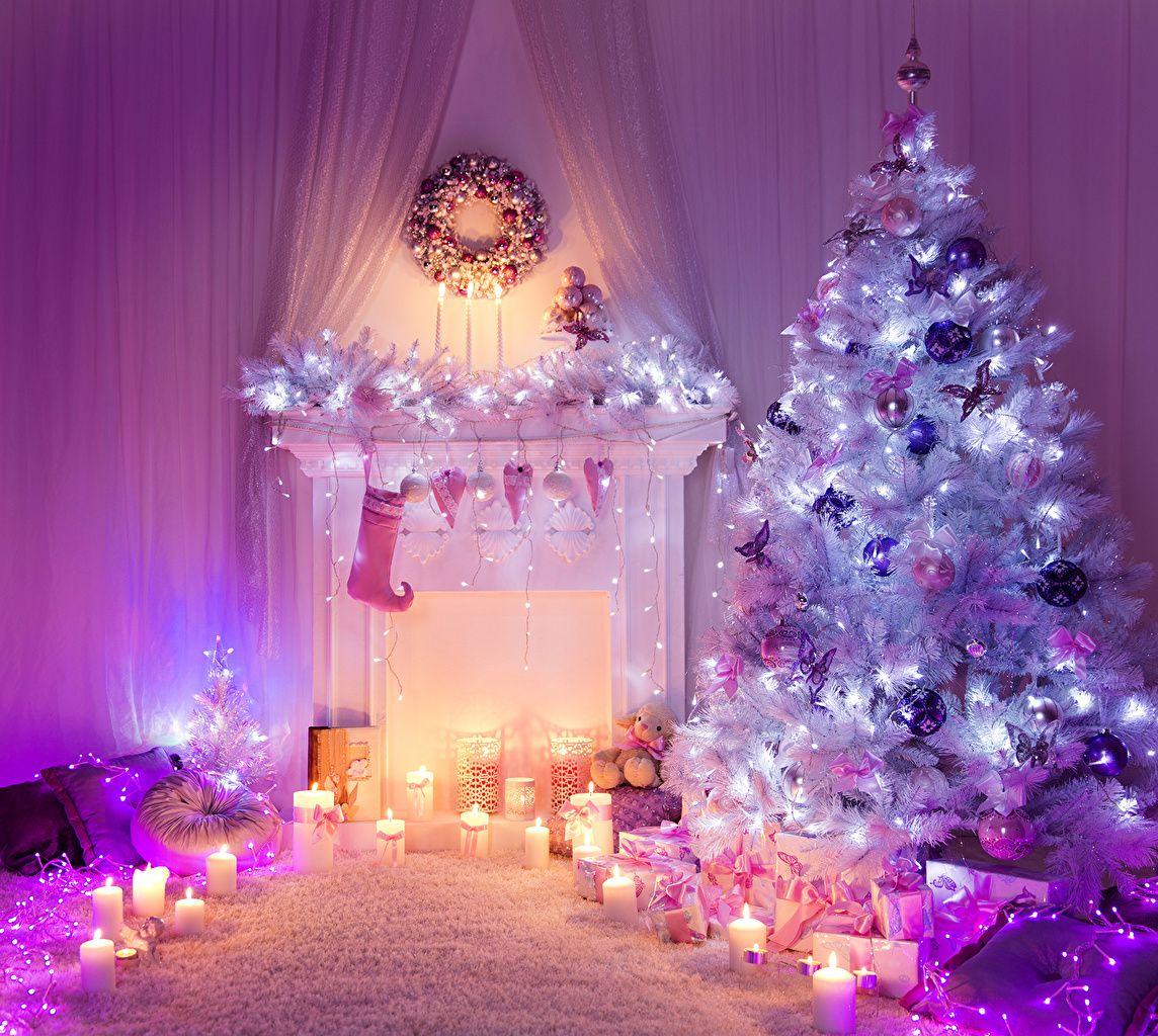 Photos New year New Year tree Fireplace Candles Fairy lights